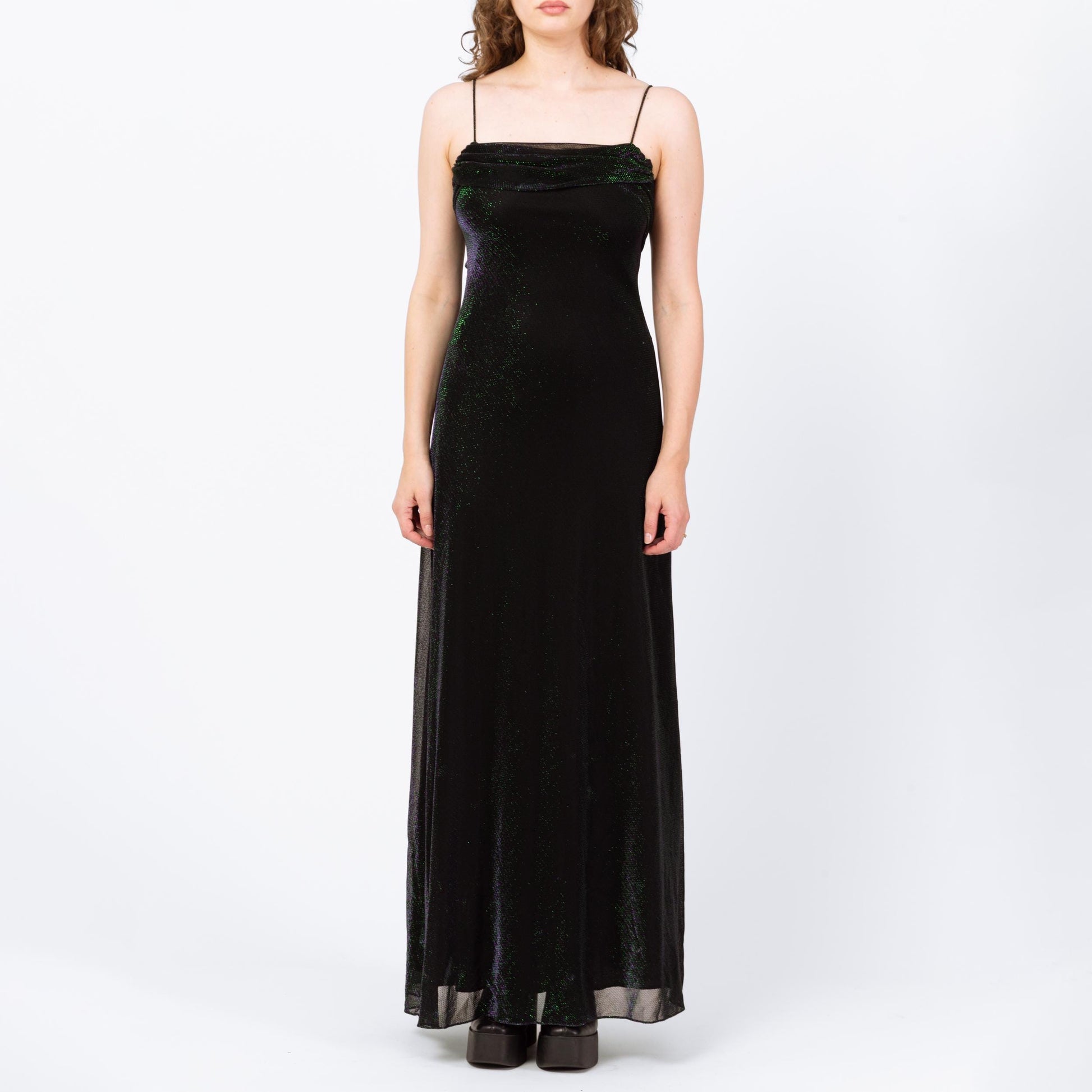 Vintage 90s Iridescent Black Green & Purple Gown - Medium | Slinky Formal Maxi Dress, Y2K Gothic Prom Dress