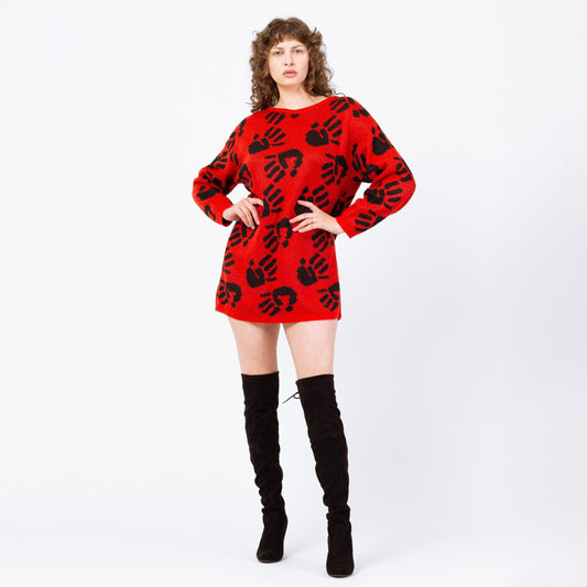 Vintage 80s Spooky Handprint Novelty Sweater Dress - One Size | Red Black Knit Long Sleeve Oversize Pullover Mini Dress