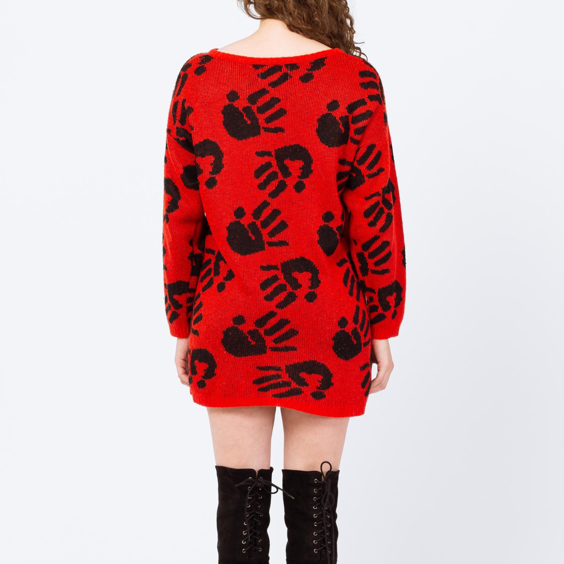 Vintage 80s Spooky Handprint Novelty Sweater Dress - One Size | Red Black Knit Long Sleeve Oversize Pullover Mini Dress