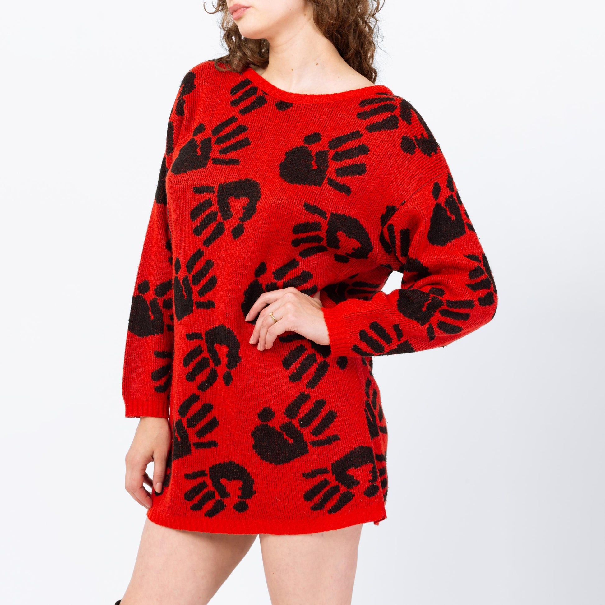 Vintage 80s Spooky Handprint Novelty Sweater Dress - One Size | Red Black Knit Long Sleeve Oversize Pullover Mini Dress
