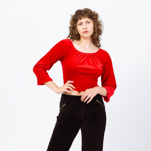 Vintage 90s Red Velvet Peasant Crop Top - Large | 3/4 Sleeve Fitted Waist Cropped Blouse