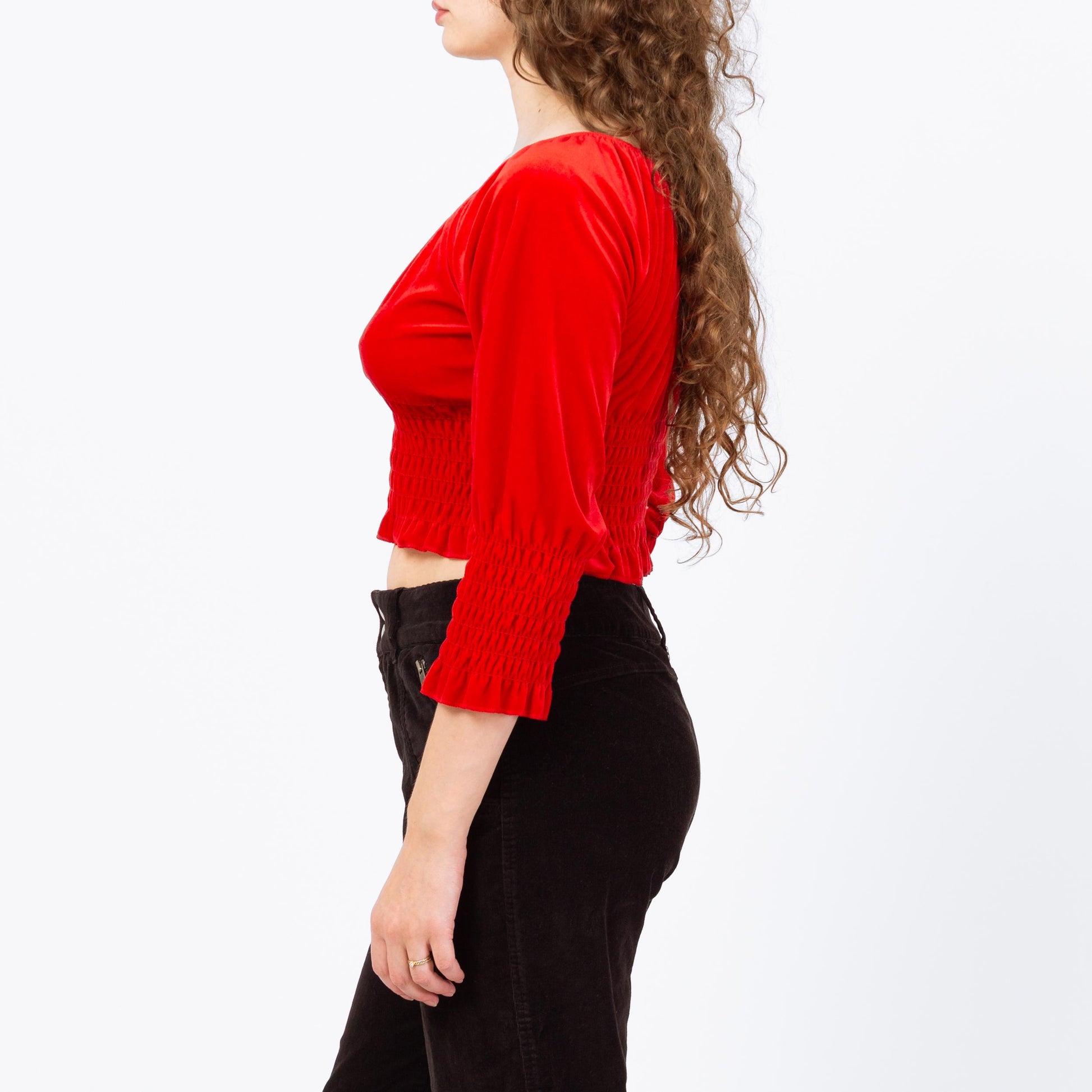 Vintage 90s Red Velvet Peasant Crop Top - Large | 3/4 Sleeve Fitted Waist Cropped Blouse
