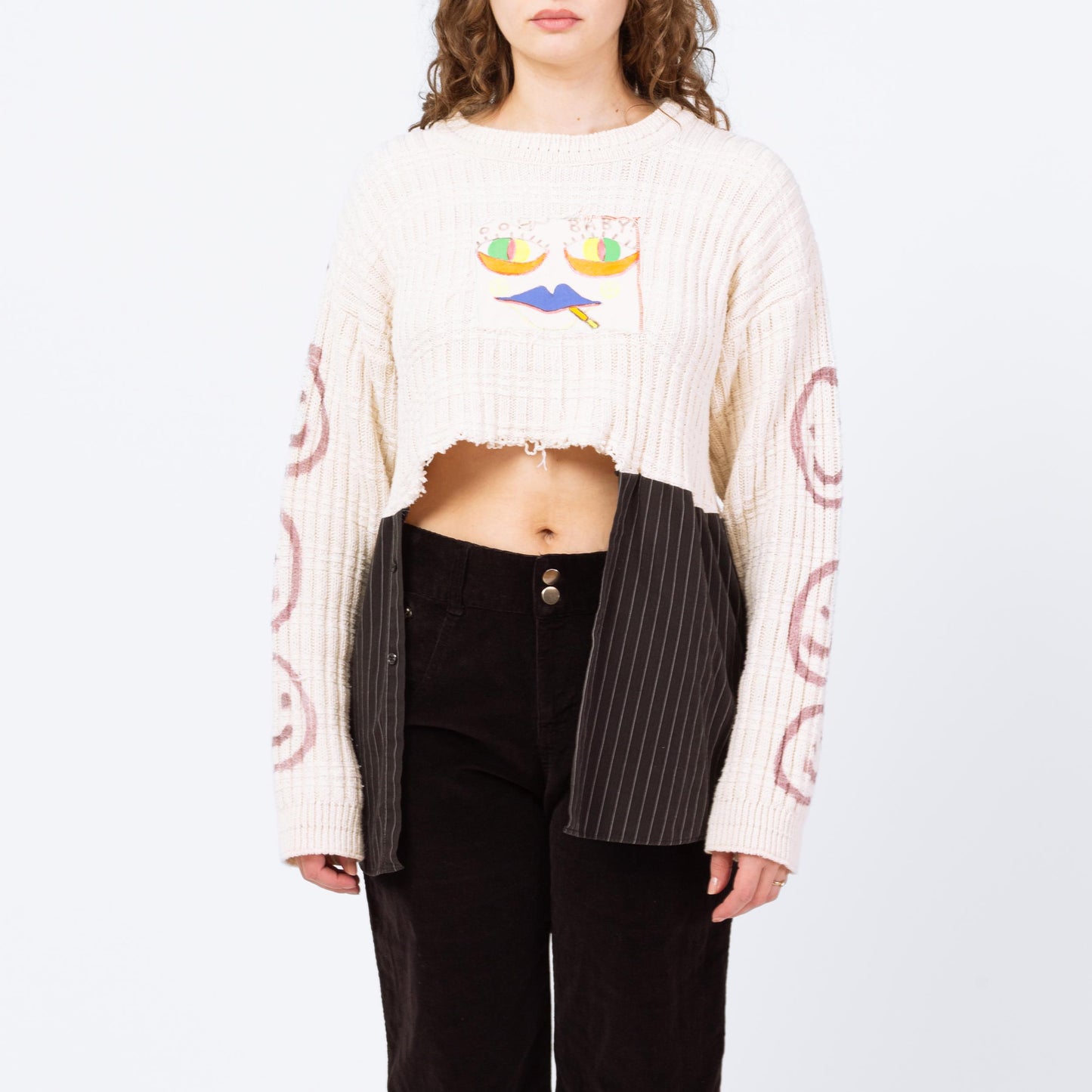 Vintage 90s Smiley Face Spliff High-Low Cropped Sweater - Medium to XL | Tony Lambert Slouchy Cotton Knit Graffiti Sweater