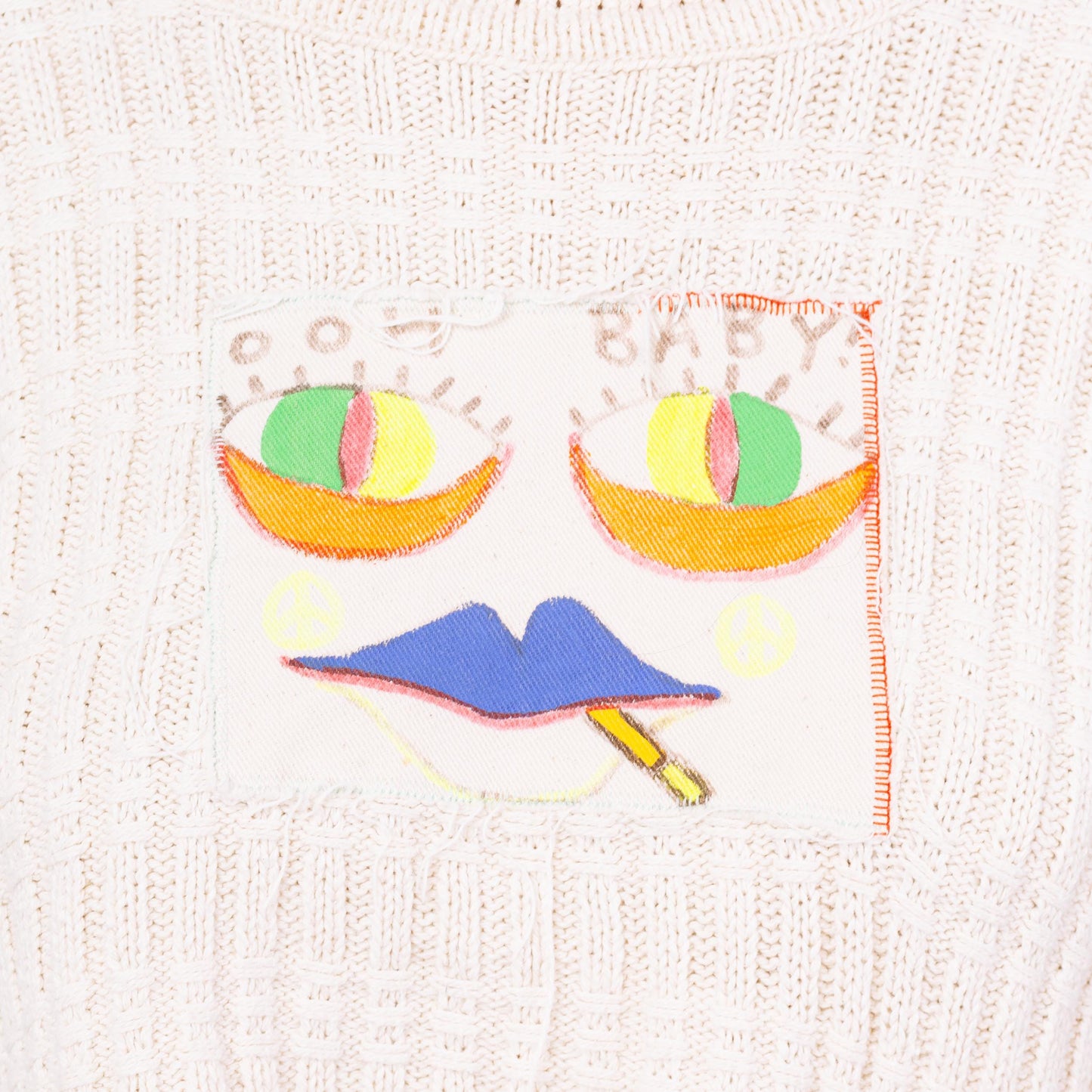 Vintage 90s Smiley Face Spliff High-Low Cropped Sweater - Medium to XL | Tony Lambert Slouchy Cotton Knit Graffiti Sweater