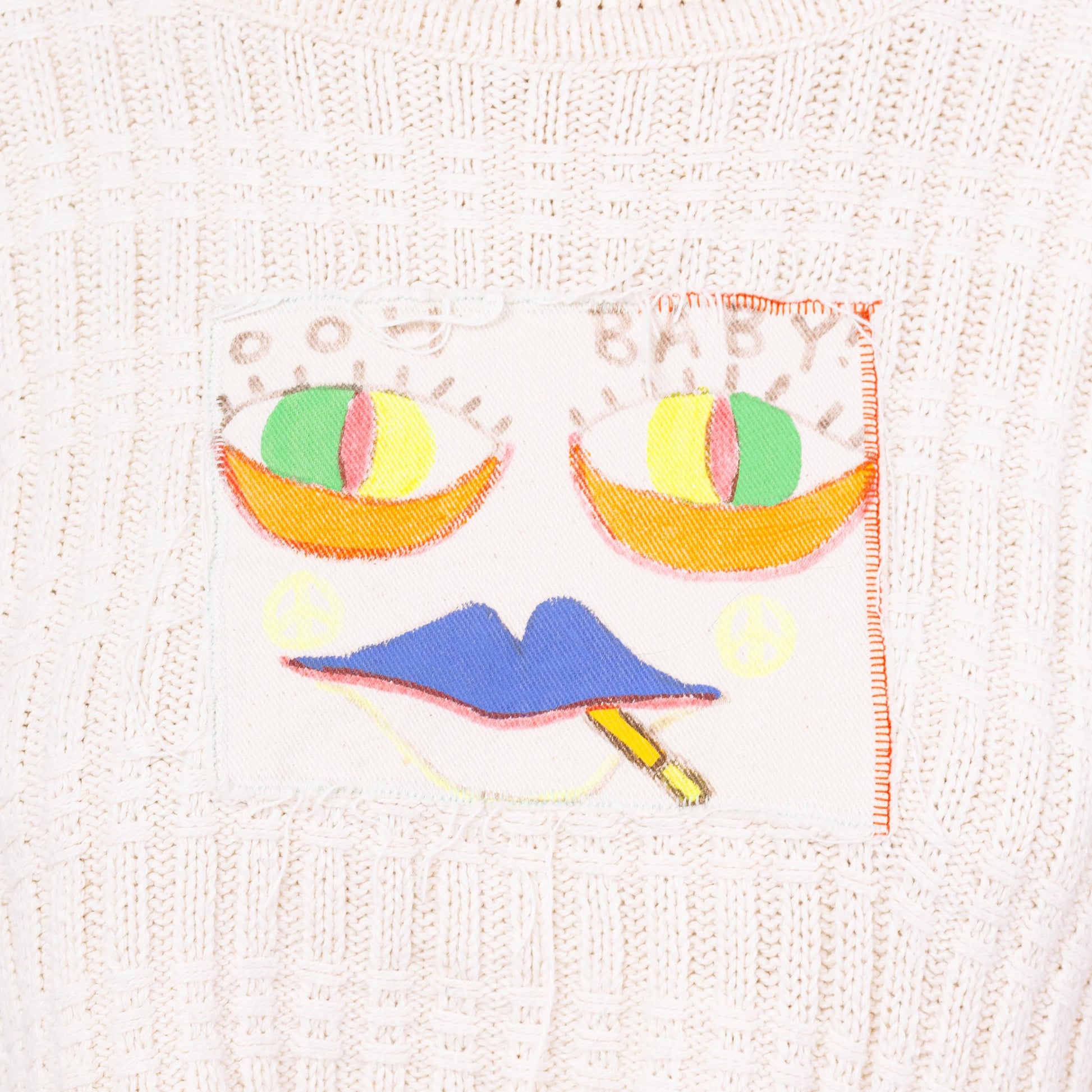 Vintage 90s Smiley Face Spliff High-Low Cropped Sweater - Medium to XL | Tony Lambert Slouchy Cotton Knit Graffiti Sweater
