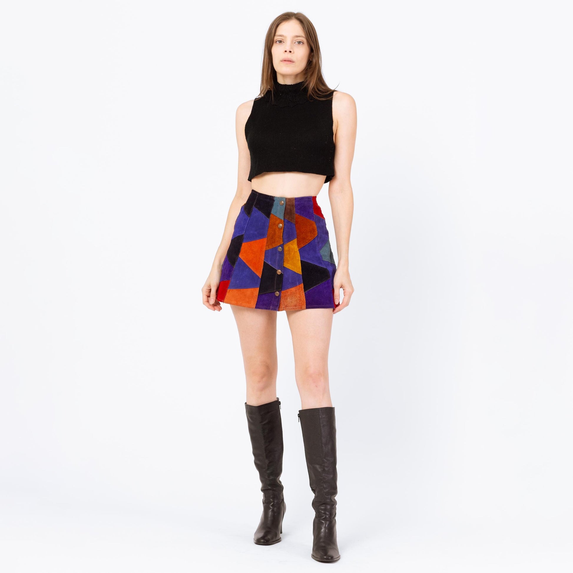Vintage 70s Suede Patchwork Mini Skirt - Small, 26" Waist | Boho Button Front Festival Skirt, Colorblock Leather A-Line Skirt