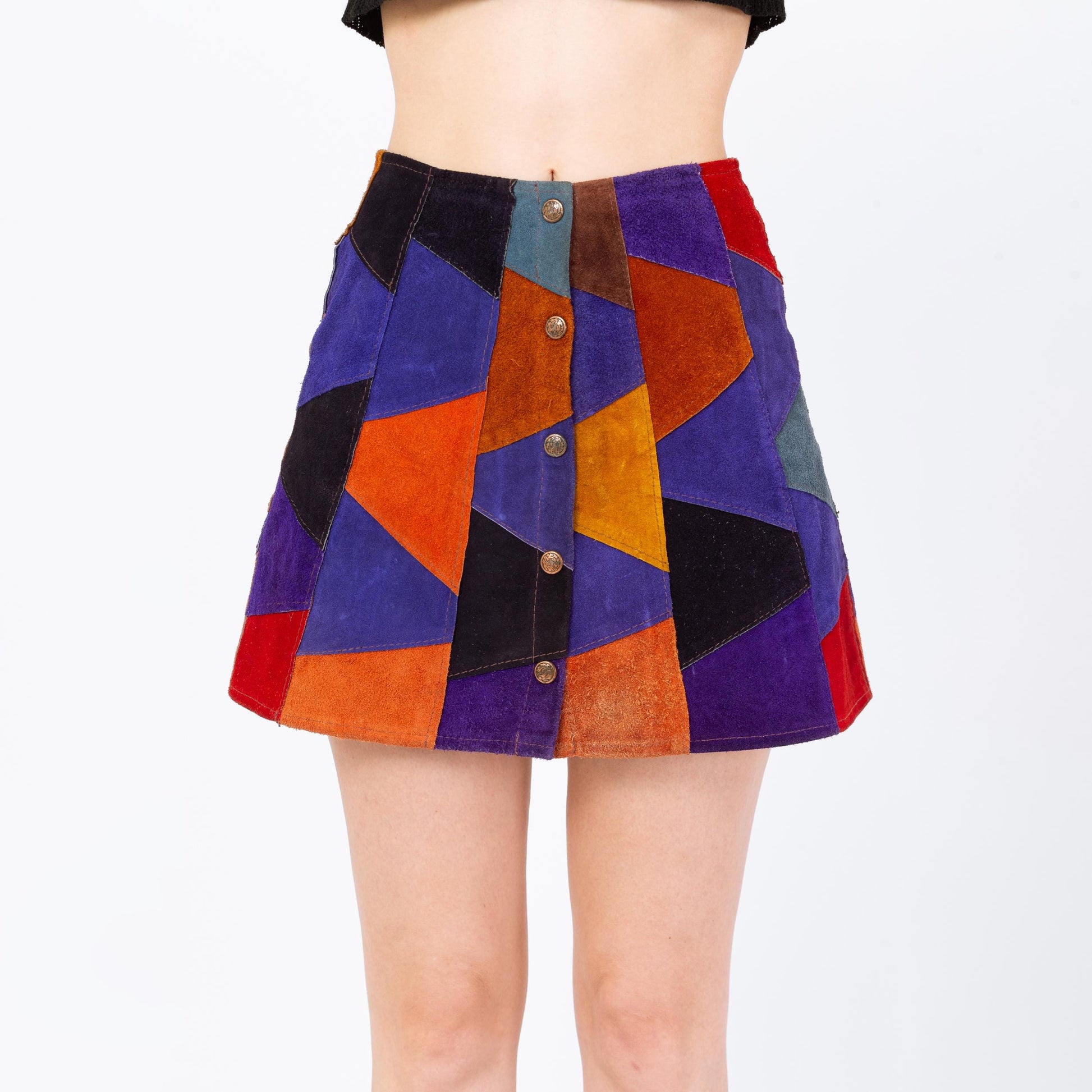 Vintage 70s Suede Patchwork Mini Skirt - Small, 26" Waist | Boho Button Front Festival Skirt, Colorblock Leather A-Line Skirt