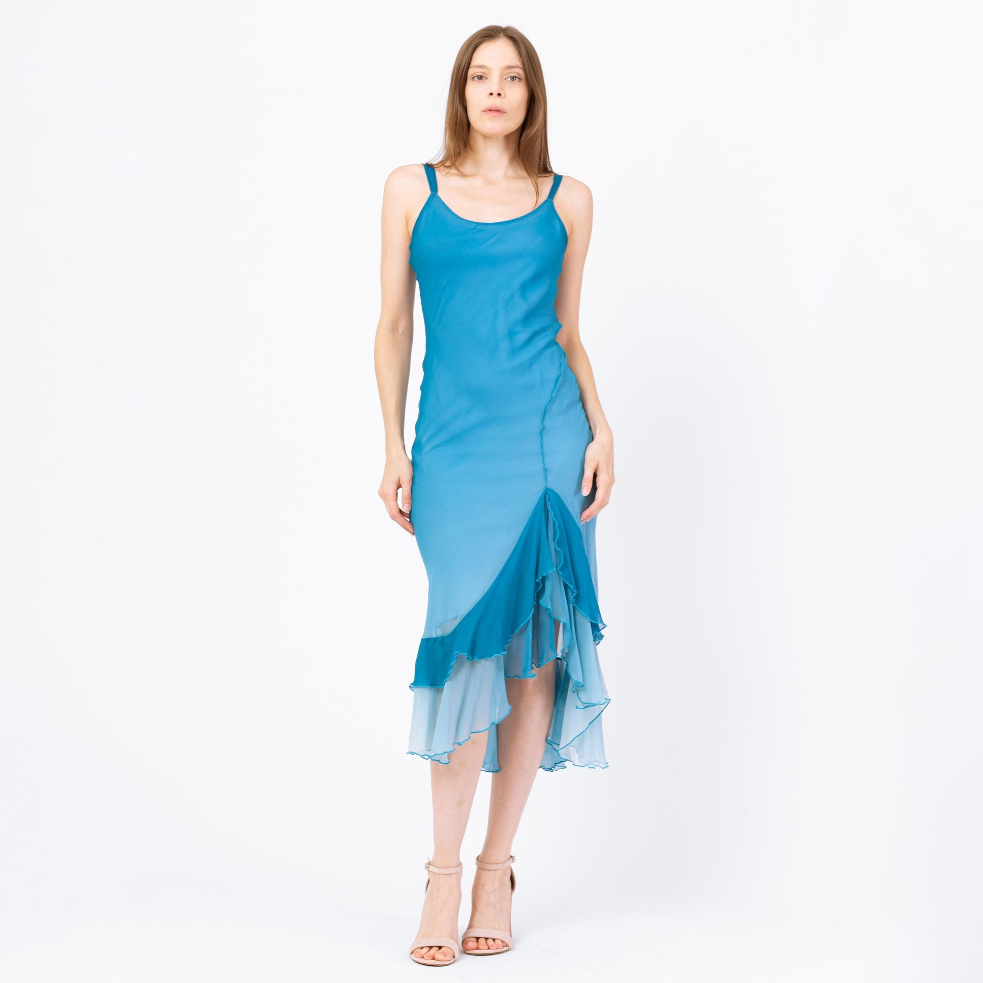 Vintage 90s Y2K Blue Gradient Silk Party Dress - Small | High Low Ruffle Hem Midi Dress
