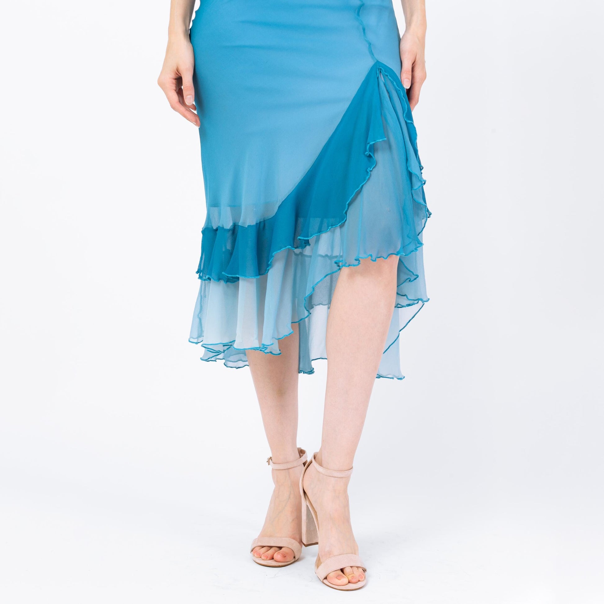 Vintage 90s Y2K Blue Gradient Silk Party Dress - Small | High Low Ruffle Hem Midi Dress
