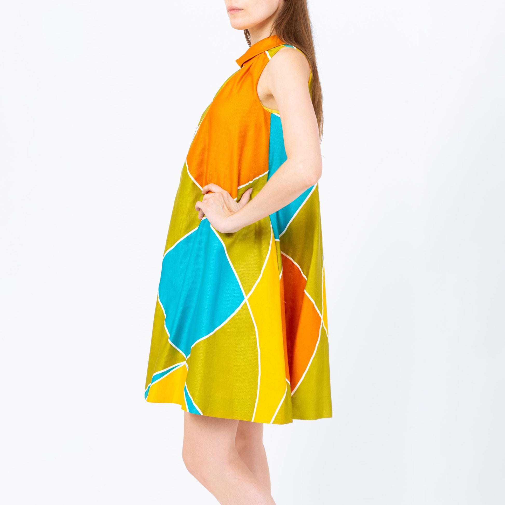 Vintage 60s 70s Mod Geometric Tent Dress - Small | Alex Colman Colorful Sleeveless Mini A Line Pocket Sundress