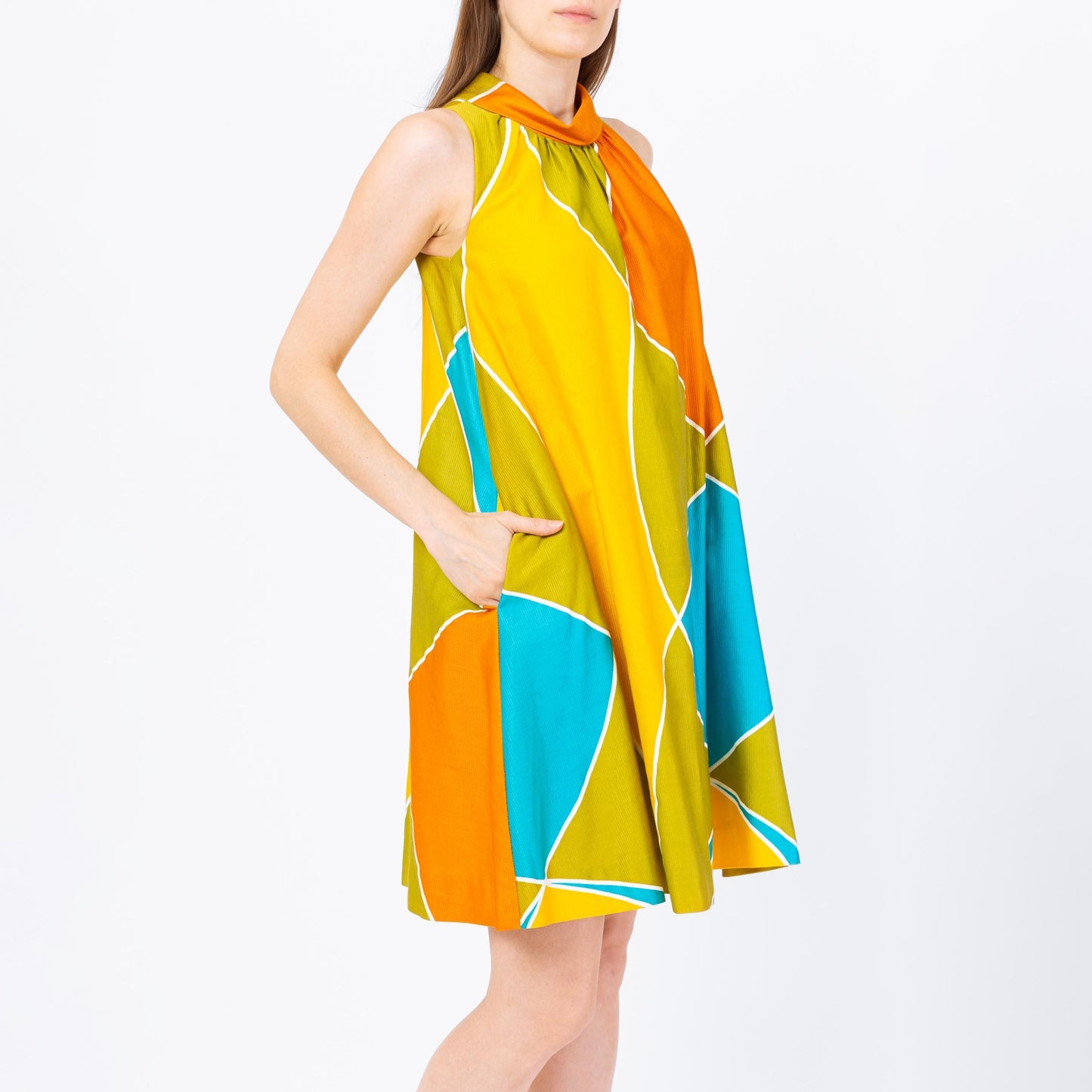 Vintage 60s 70s Mod Geometric Tent Dress - Small | Alex Colman Colorful Sleeveless Mini A Line Pocket Sundress