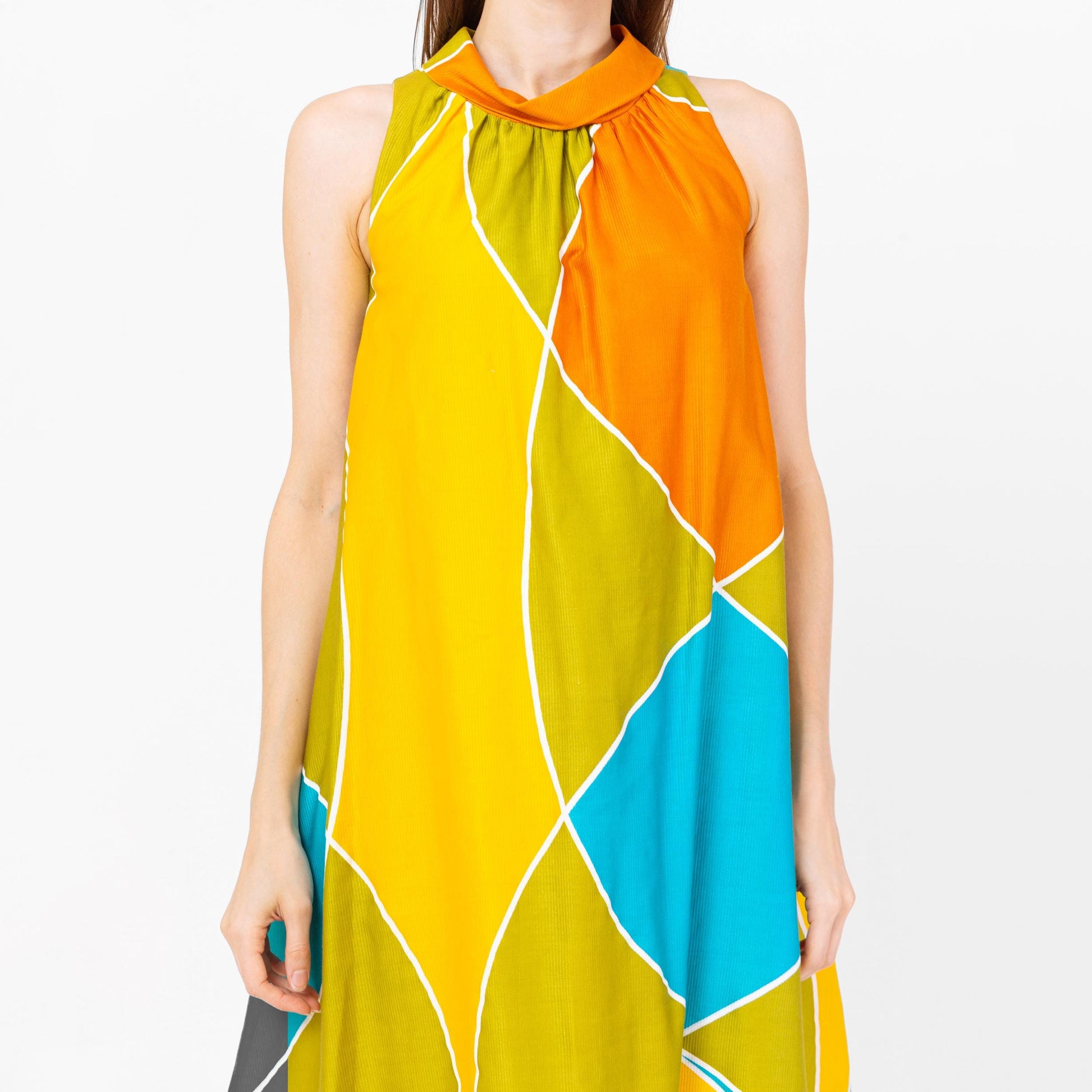 Vintage 60s 70s Mod Geometric Tent Dress - Small | Alex Colman Colorful Sleeveless Mini A Line Pocket Sundress