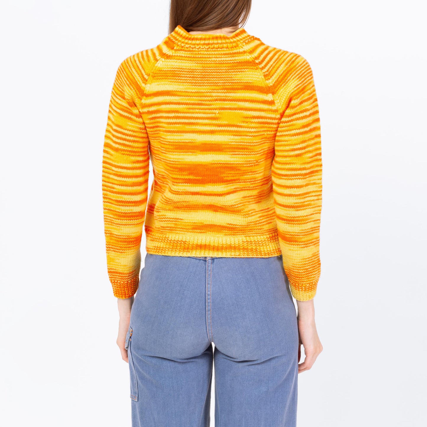 Vintage 70s Orange Space Dye Knit Sweater - Petite Extra Small | Mod Striped V Neck Pullover