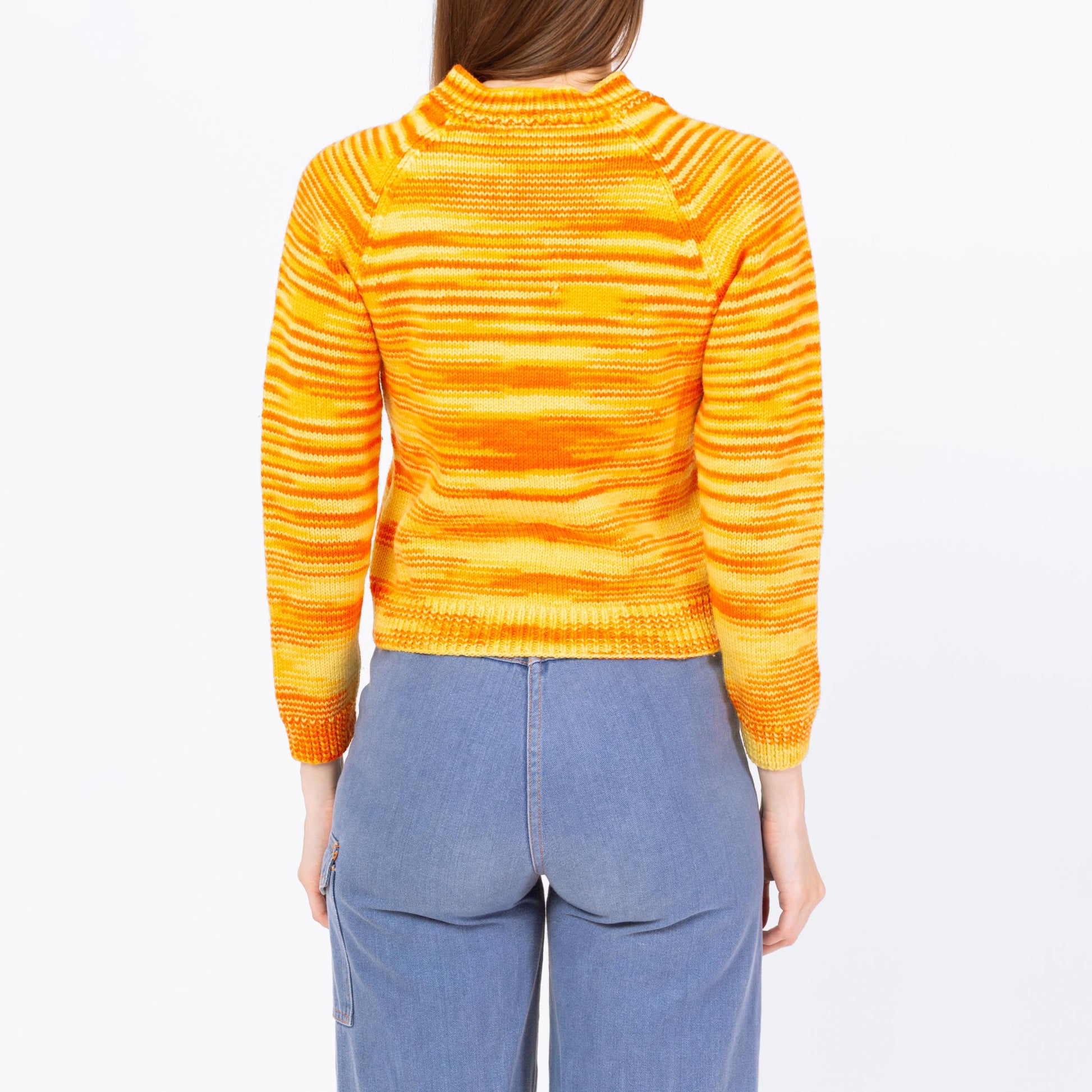 Vintage 70s Orange Space Dye Knit Sweater - Petite Extra Small | Mod Striped V Neck Pullover