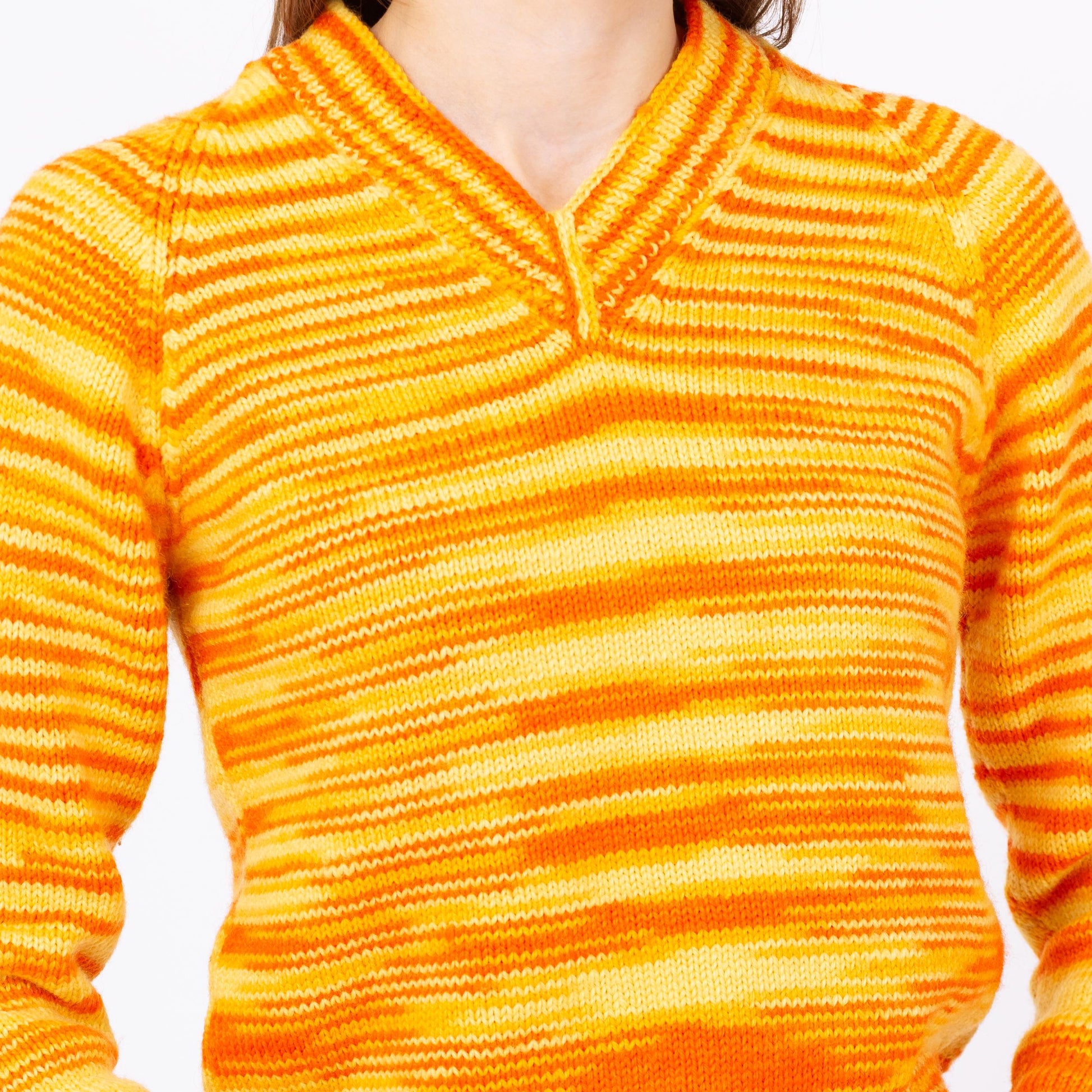 Vintage 70s Orange Space Dye Knit Sweater - Petite Extra Small | Mod Striped V Neck Pullover