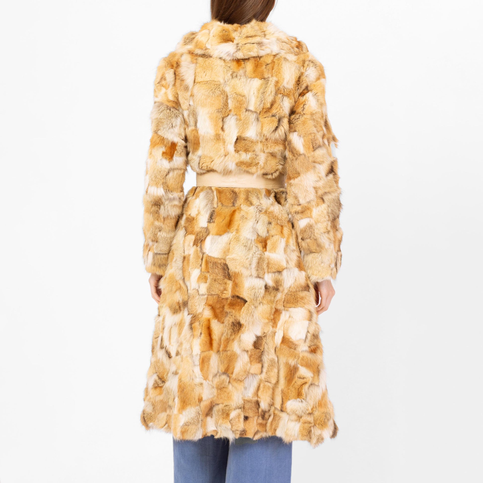 Vintage 60s 70s Mosaic Rabbit Fur Belted Coat, As Is - Small | Boho Double Breasted Mid Length Winter Jacket