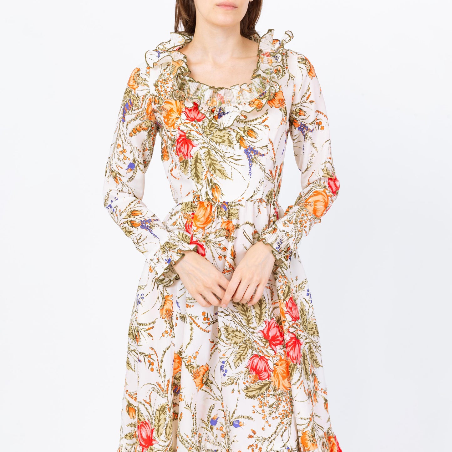 Vintage 70s Victor Costa Floral Ruffle Dress - Small | Long Sleeve Cottagecore Midi Dress, Retro Wedding Guest Dress
