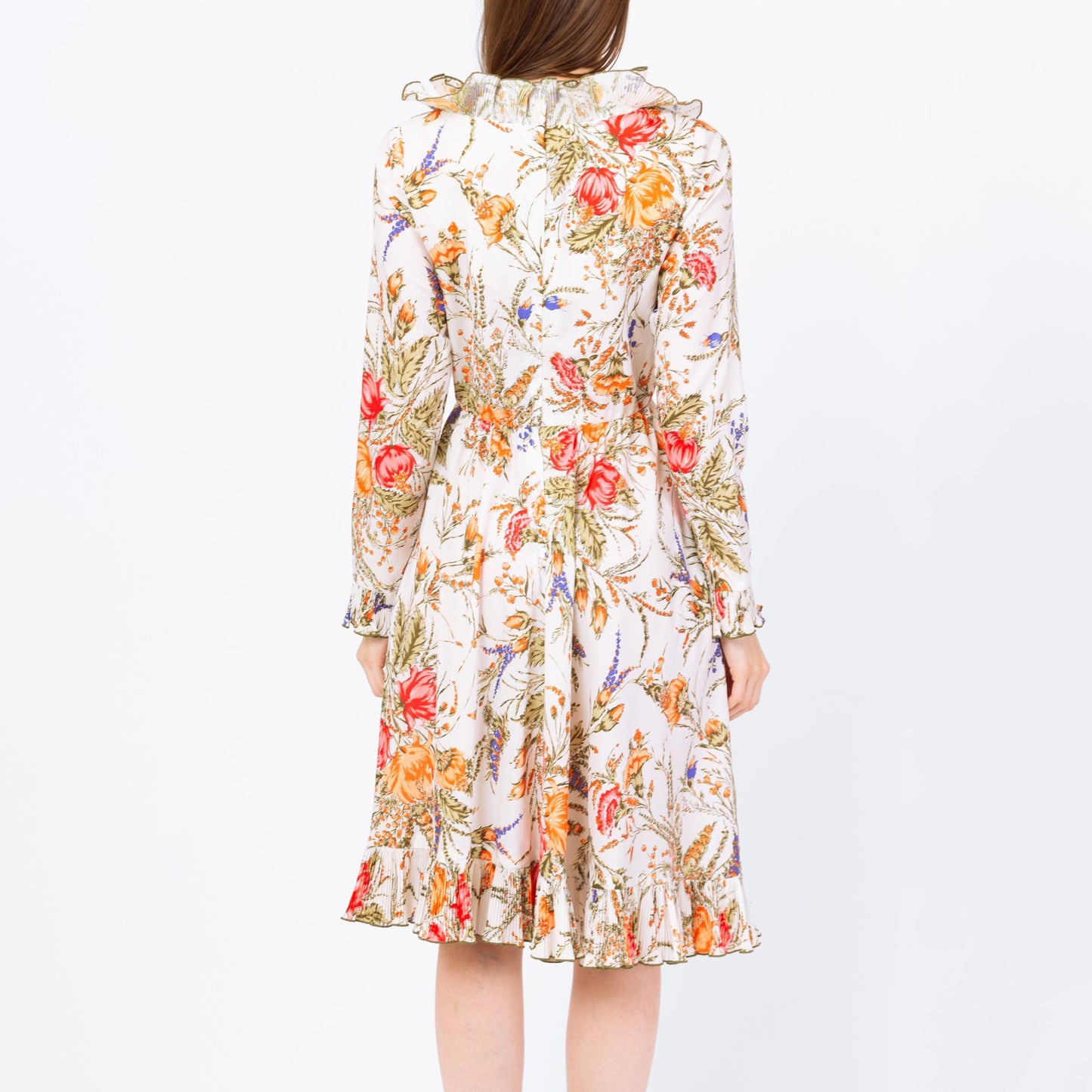 Vintage 70s Victor Costa Floral Ruffle Dress - Small | Long Sleeve Cottagecore Midi Dress, Retro Wedding Guest Dress