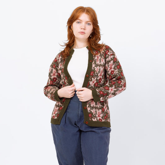 Vintage 80s Floral Olive Green Wool Knit Cardigan - Large | Boho Button Up Cropped Sweater