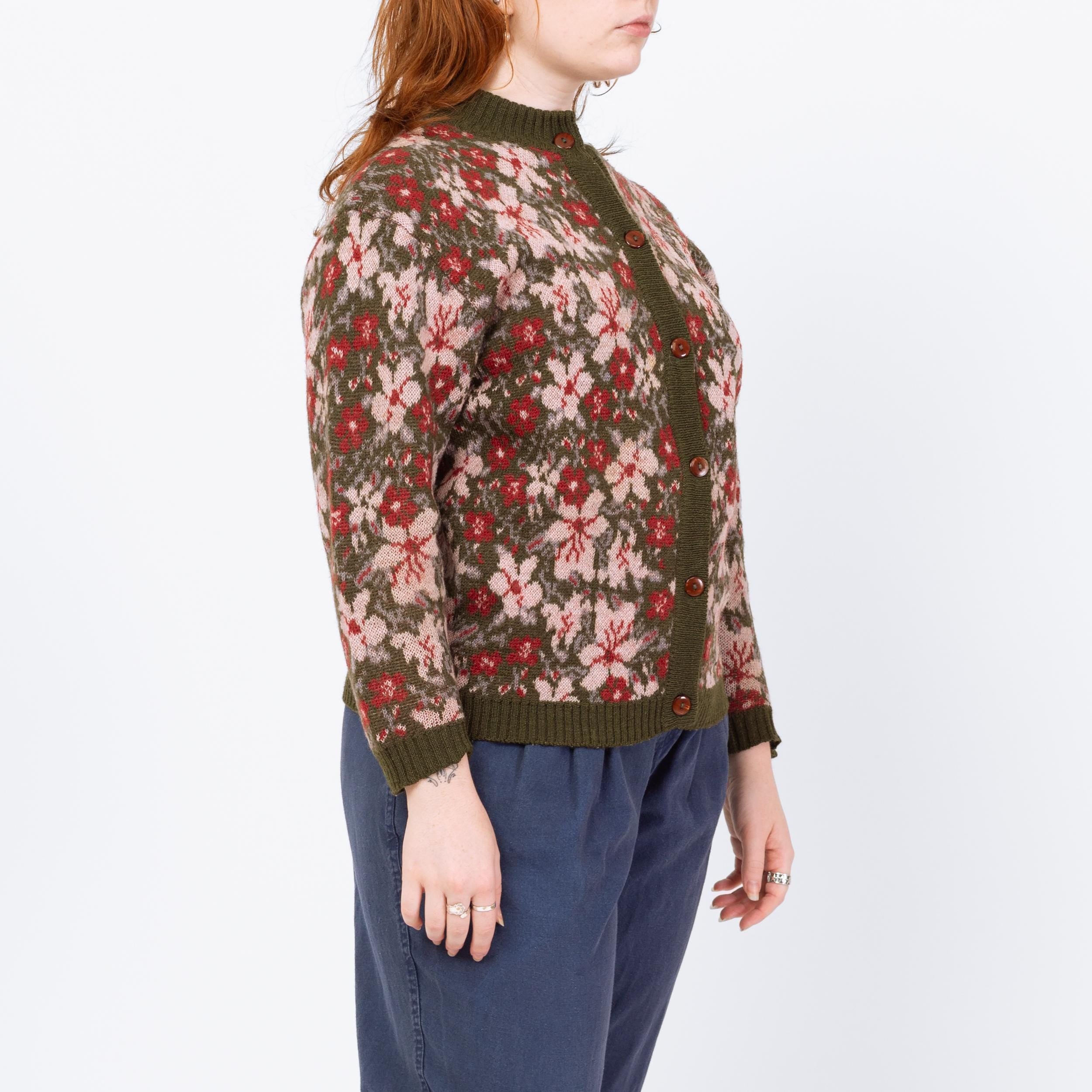 Vintage 80s Floral Olive Green Wool Knit Cardigan - Large