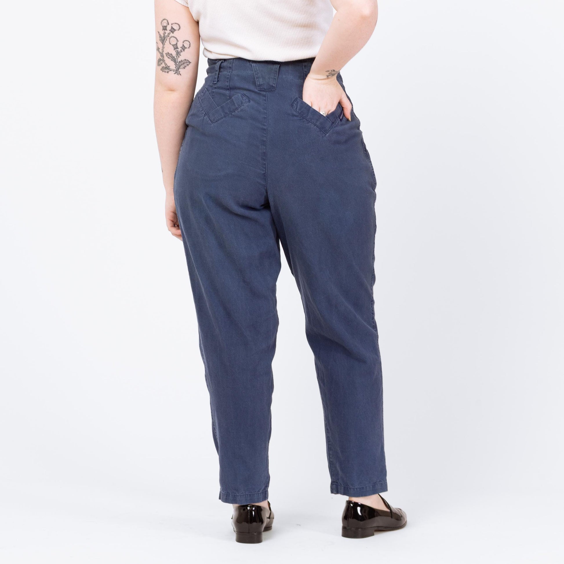 Vintage 90s Slate Blue High Waisted V-Pocket Pants - Large, 32" Waist | Pleated Paper Bag Waist Tapered Leg Cotton Trousers