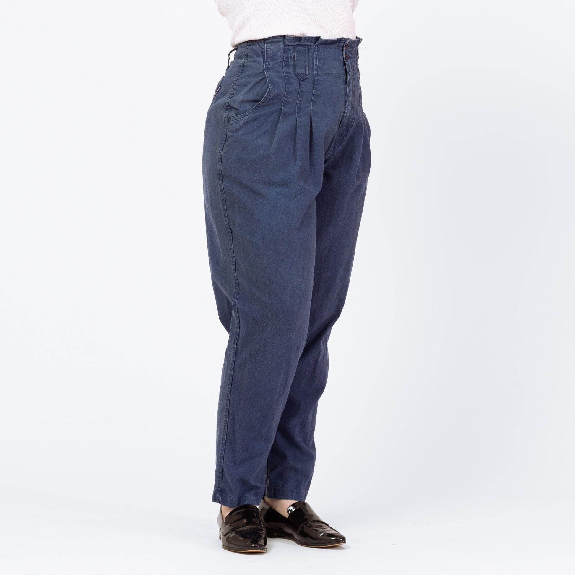 Vintage 90s Slate Blue High Waisted V-Pocket Pants - Large, 32" Waist | Pleated Paper Bag Waist Tapered Leg Cotton Trousers