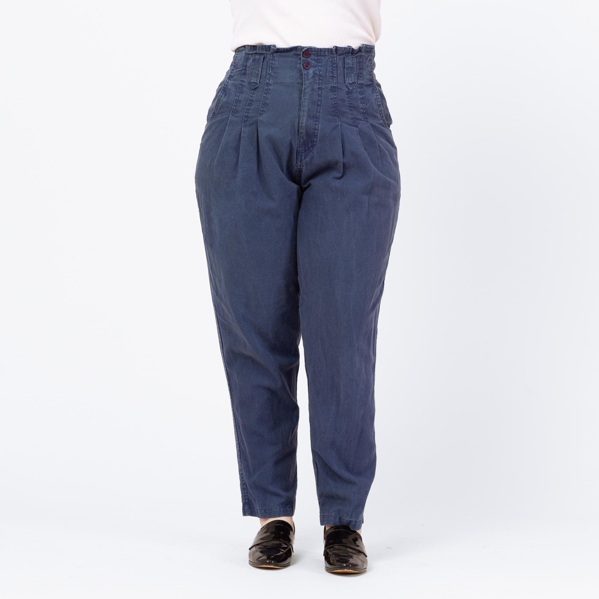 Vintage 90s Slate Blue High Waisted V-Pocket Pants - Large, 32" Waist | Pleated Paper Bag Waist Tapered Leg Cotton Trousers