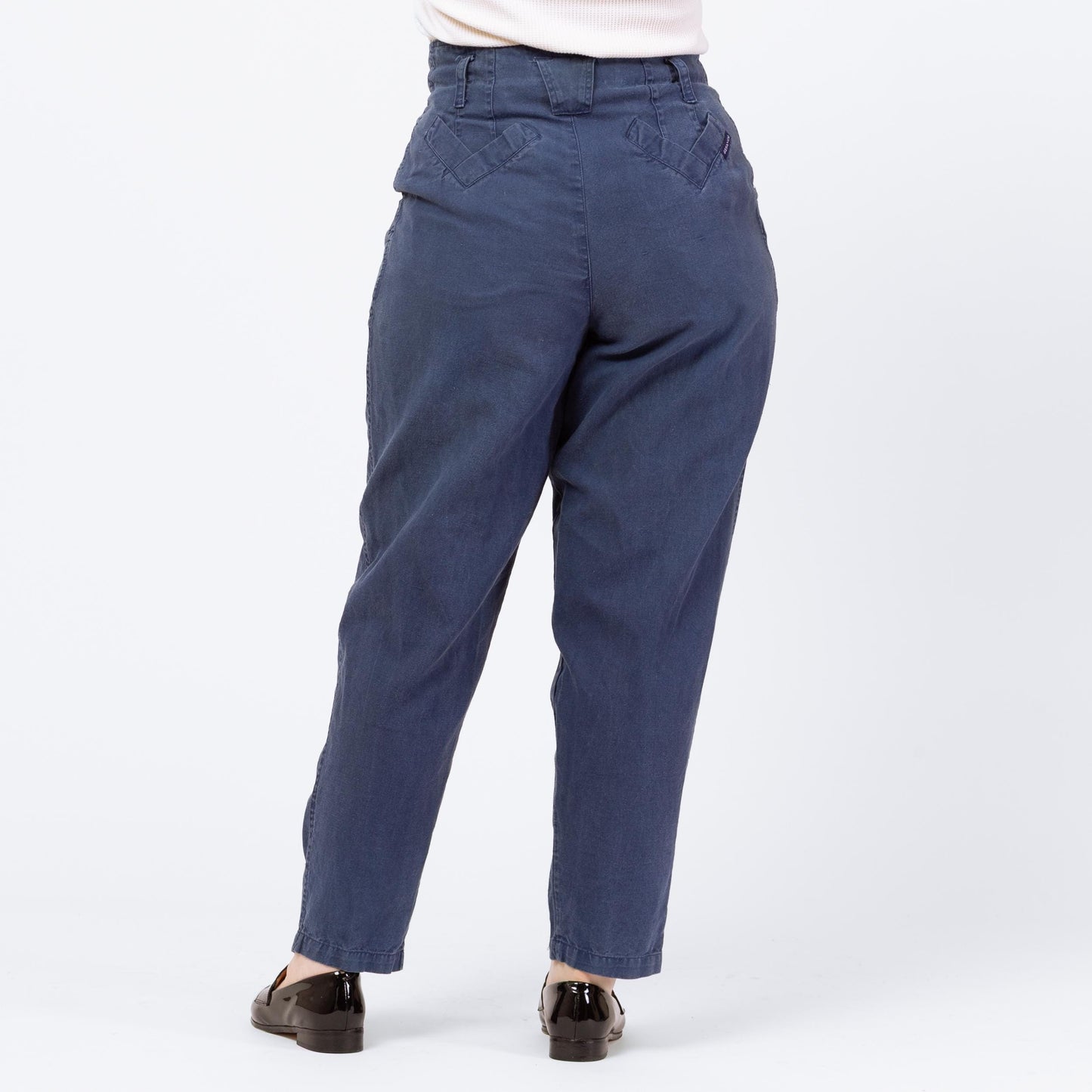 Vintage 90s Slate Blue High Waisted V-Pocket Pants - Large, 32" Waist | Pleated Paper Bag Waist Tapered Leg Cotton Trousers