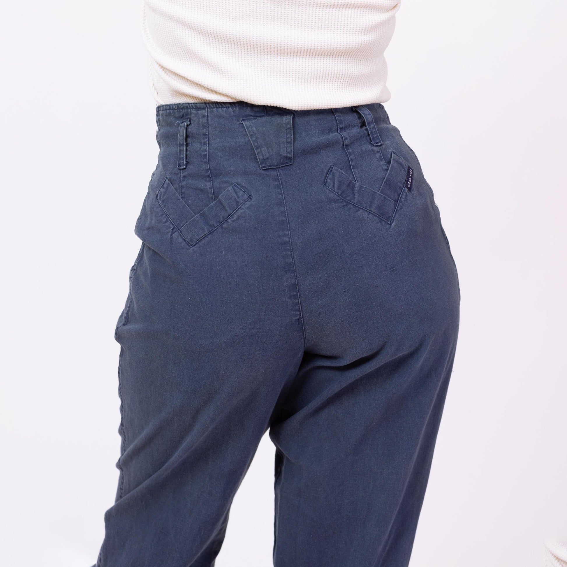 Vintage 90s Slate Blue High Waisted V-Pocket Pants - Large, 32" Waist | Pleated Paper Bag Waist Tapered Leg Cotton Trousers