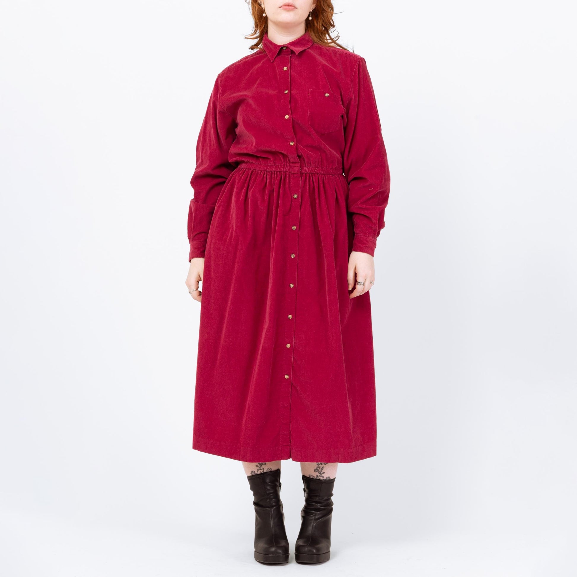 Vintage 90s Magenta Corduroy Midi Shirtdress - Large | Button Up Long Sleeve Fit & Flare Pocket Dress