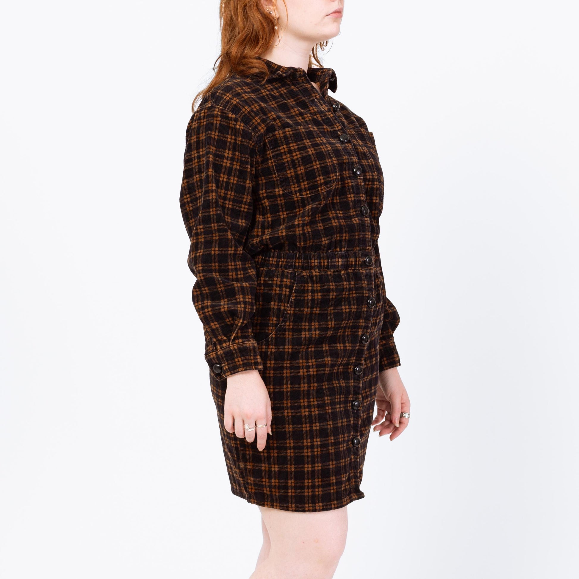 Vintage 90s Black & Brown Plaid Corduroy Mini Shirtdress - Petite Large | Button Up Long Sleeve Sheath Pocket Dress
