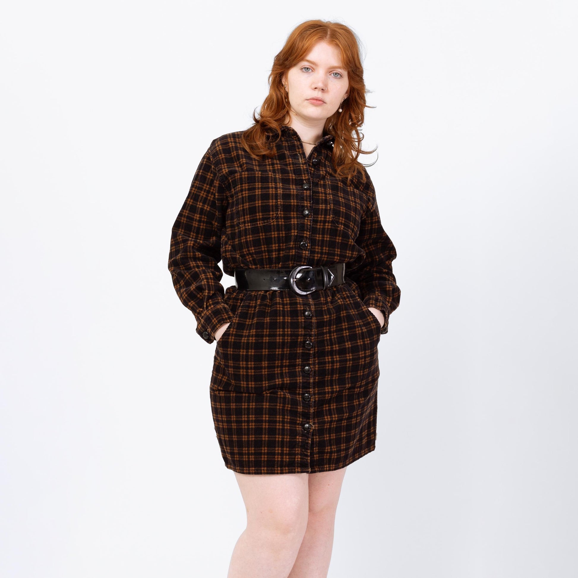 Vintage 90s Black & Brown Plaid Corduroy Mini Shirtdress - Petite Large | Button Up Long Sleeve Sheath Pocket Dress