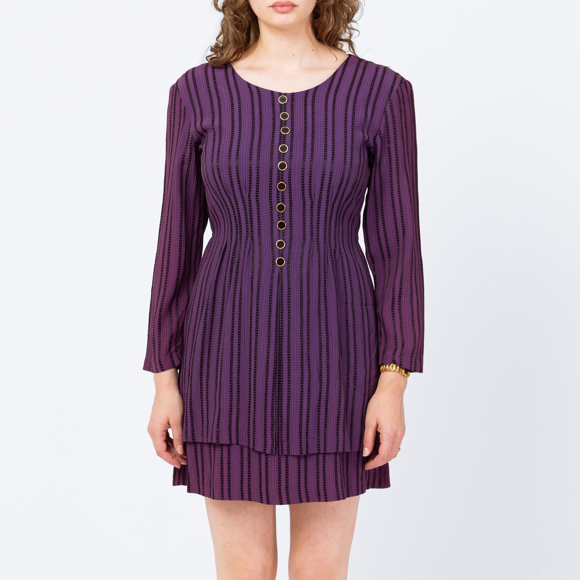 Vintage 90s Purple XOXO Striped Split Front Secretary Dress - Small | Long Sleeve Mini Power Suit Dress