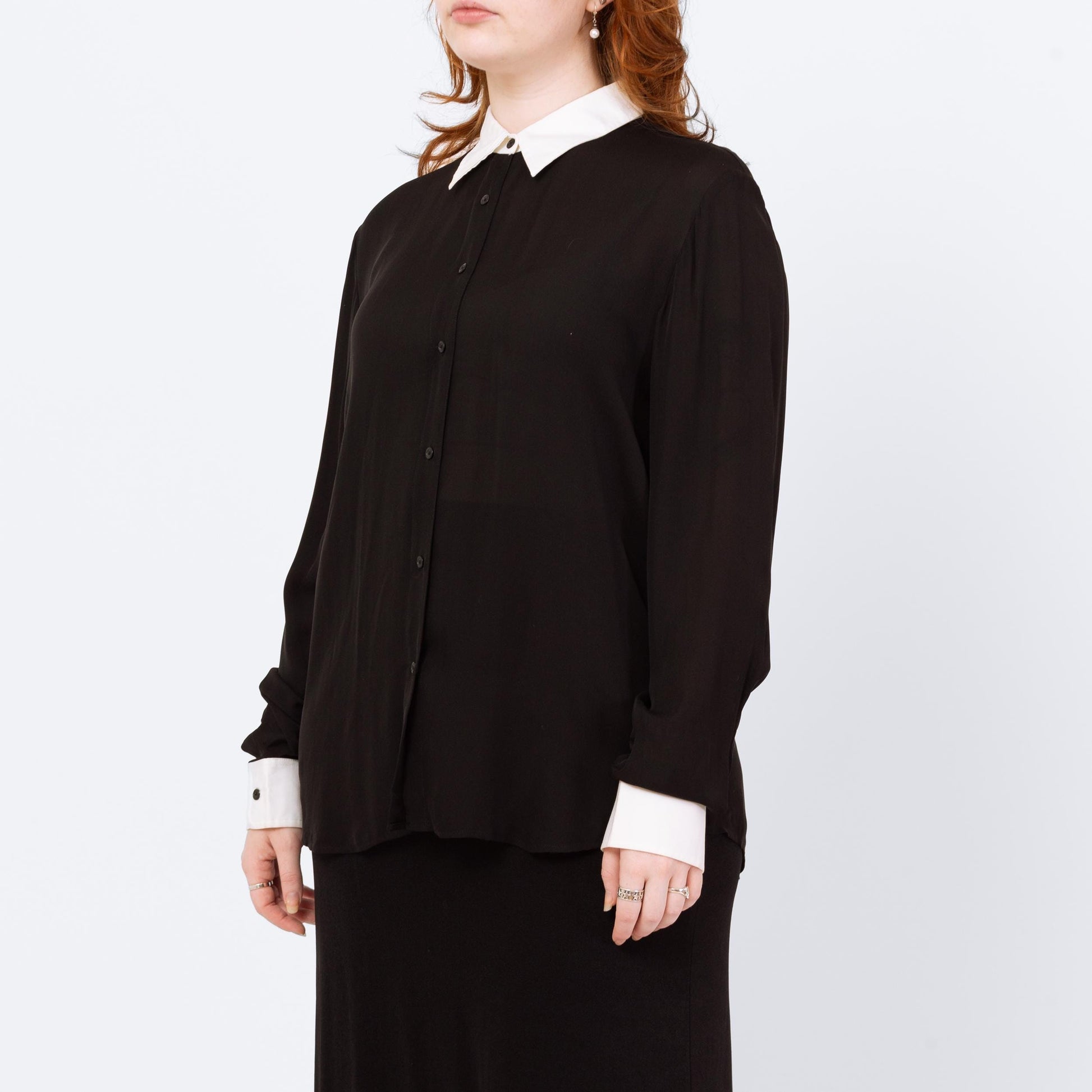 Vintage 90s Ralph Lauren Wednesday Addams Silk Blouse - Extra Large | Black White Trim Gothic Long Sleeve Top