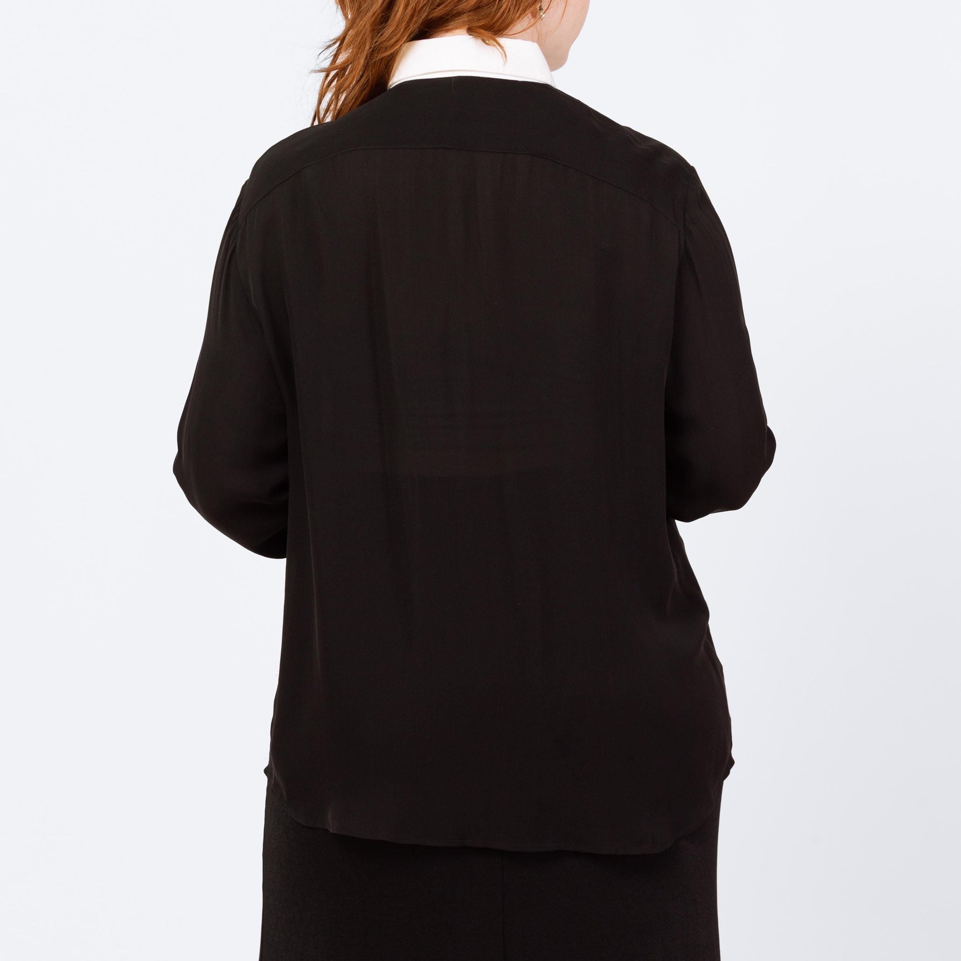 Vintage 90s Ralph Lauren Wednesday Addams Silk Blouse - Extra Large | Black White Trim Gothic Long Sleeve Top