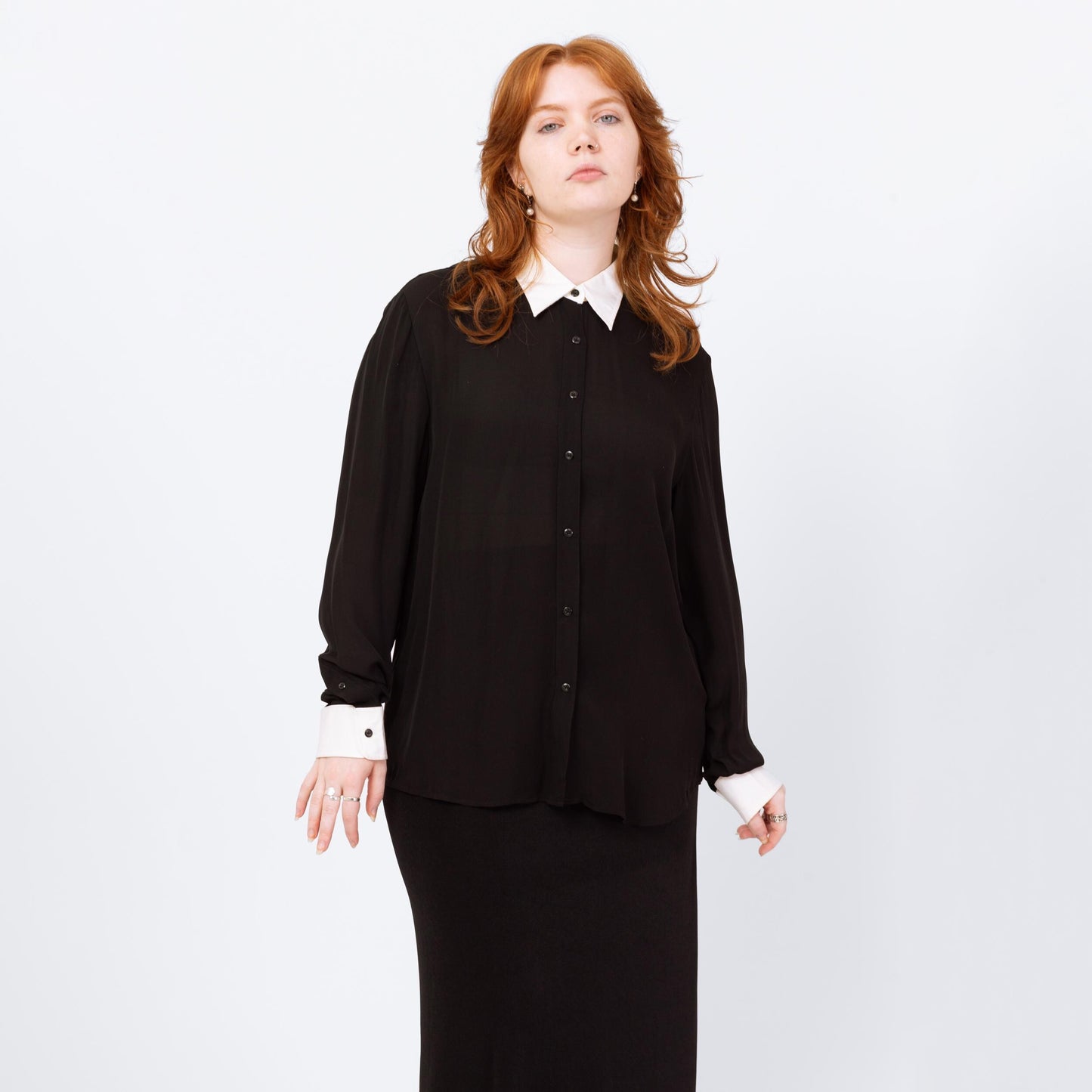 Vintage 90s Ralph Lauren Wednesday Addams Silk Blouse - Extra Large | Black White Trim Gothic Long Sleeve Top