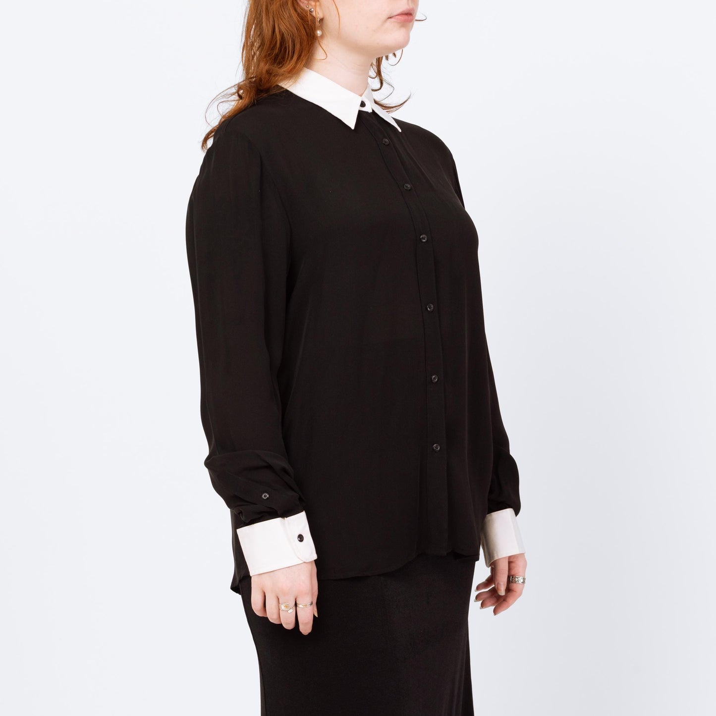 Vintage 90s Ralph Lauren Wednesday Addams Silk Blouse - Extra Large | Black White Trim Gothic Long Sleeve Top