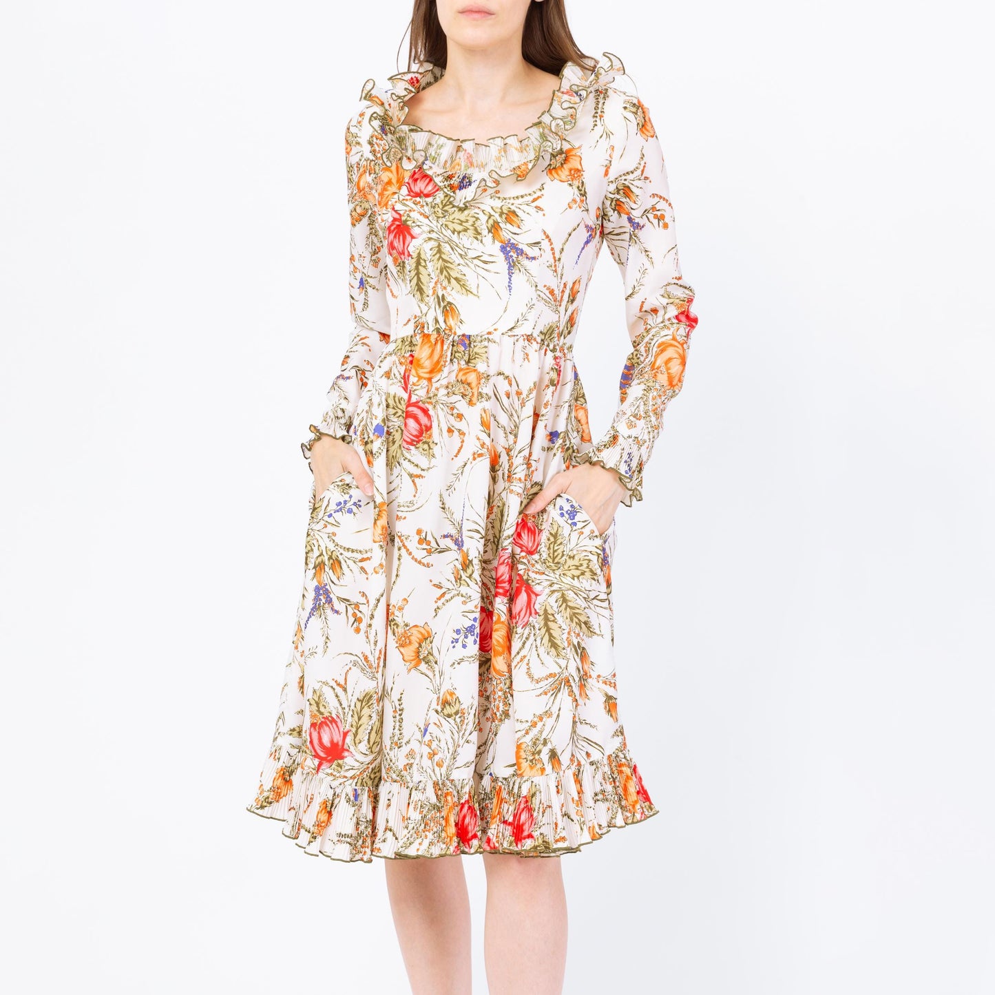 Vintage 70s Victor Costa Floral Ruffle Dress - Small | Long Sleeve Cottagecore Midi Dress, Retro Wedding Guest Dress