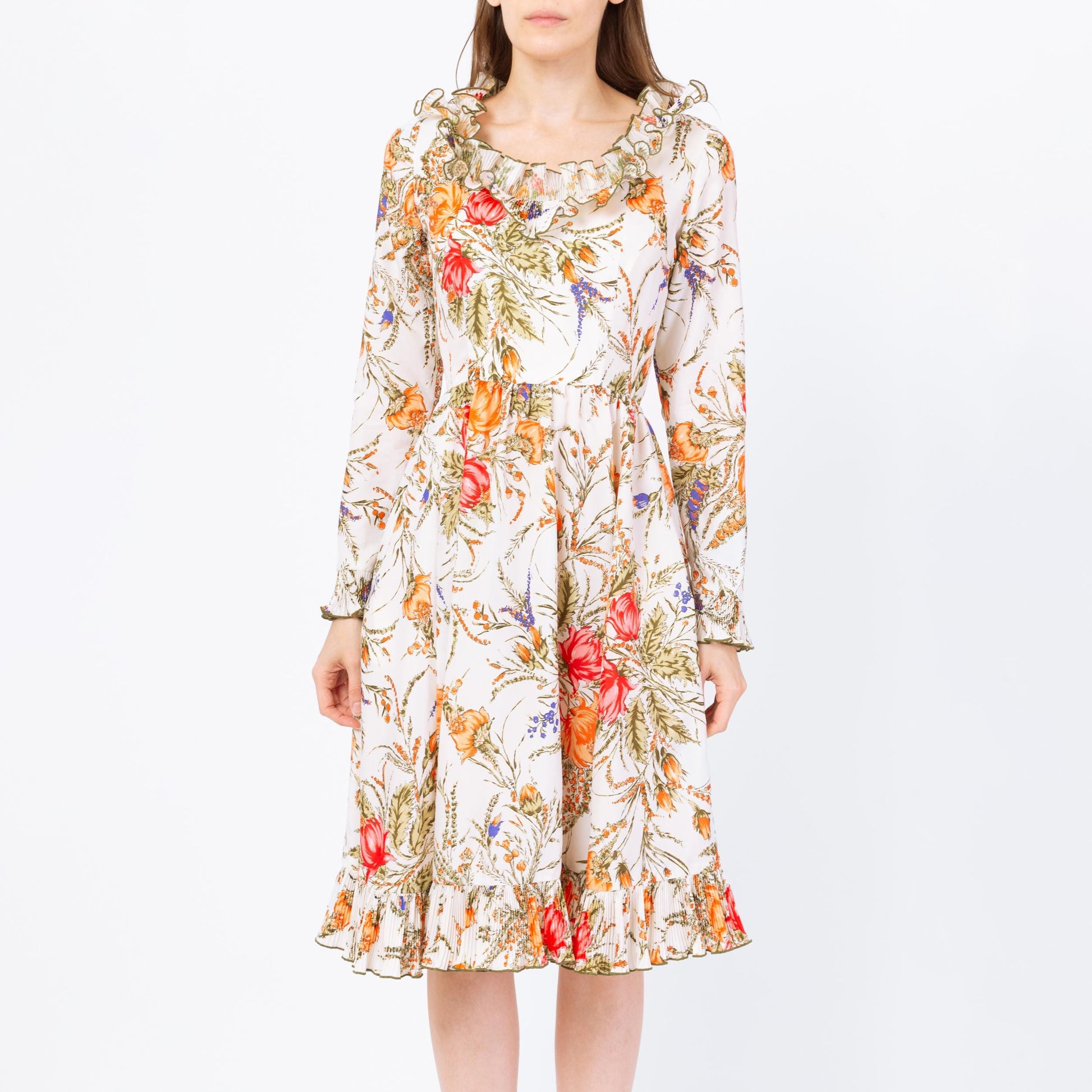 Vintage 70s Victor Costa Floral Ruffle Dress - Small | Long Sleeve Cottagecore Midi Dress, Retro Wedding Guest Dress