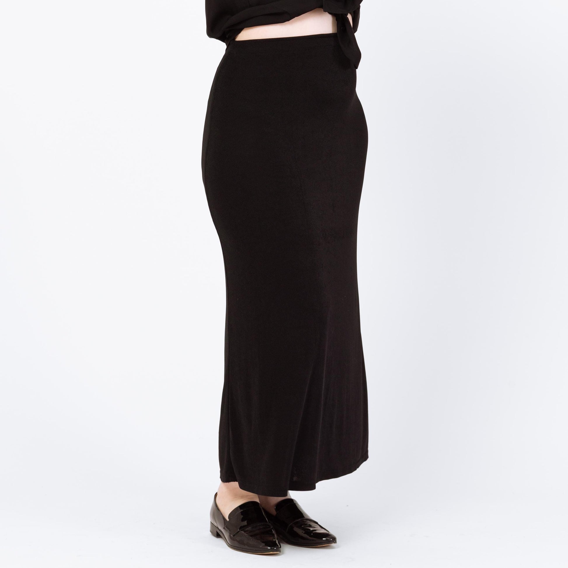 Vintage 90s Stretchy Black Minimalist Maxi Skirt - Medium to Large | Ankle Length Grunge Slinky Pencil Skirt