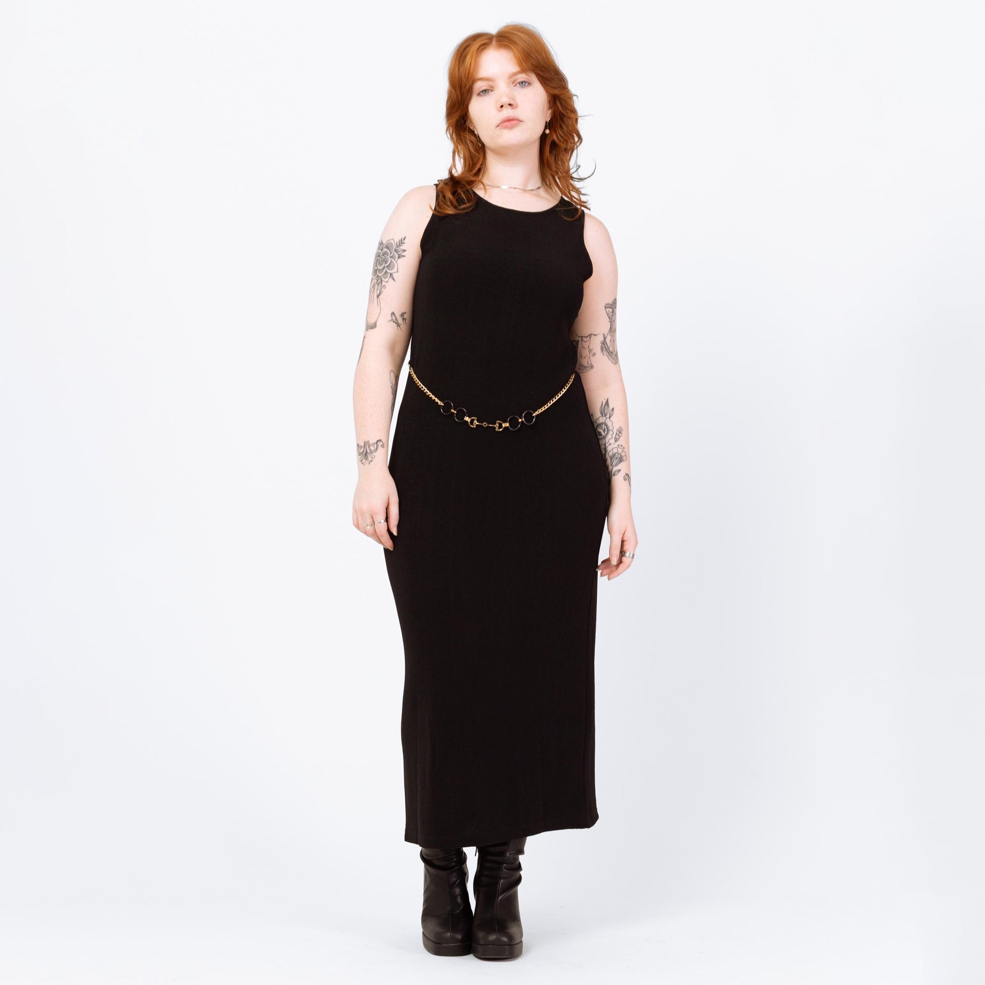 Vintage 90s Slinky Black Chain Belt Maxi Dress - Large | Minimalist Sleeveless Stretchy Sheath Dress