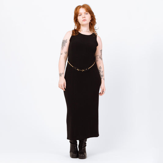 Vintage 90s Slinky Black Chain Belt Maxi Dress - Large | Minimalist Sleeveless Stretchy Sheath Dress