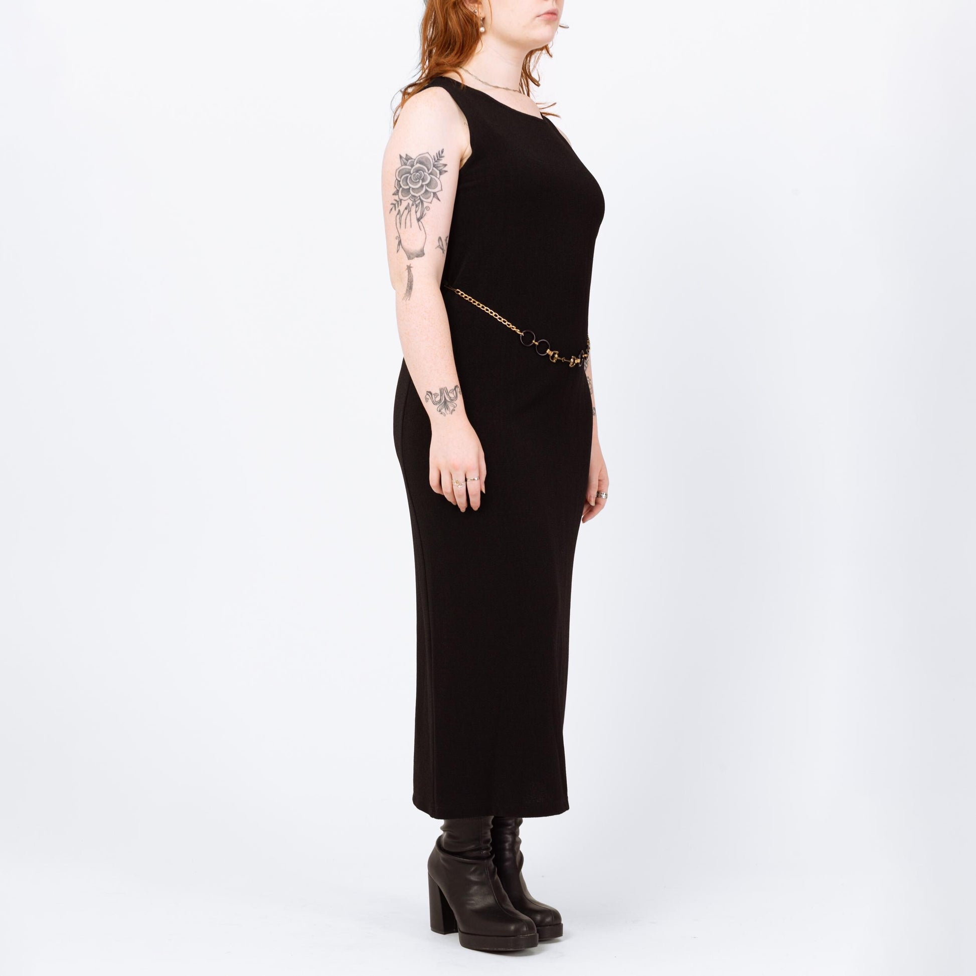 Vintage 90s Slinky Black Chain Belt Maxi Dress - Large | Minimalist Sleeveless Stretchy Sheath Dress