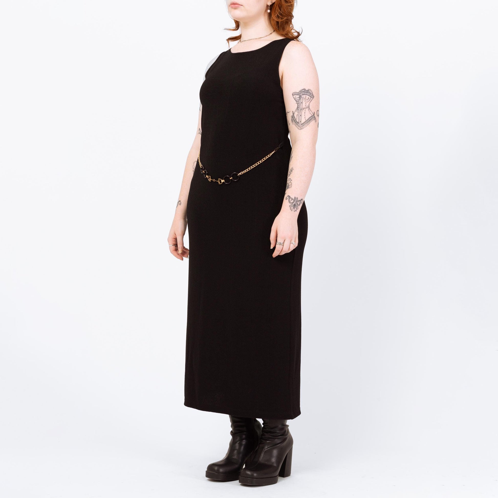 Vintage 90s Slinky Black Chain Belt Maxi Dress - Large | Minimalist Sleeveless Stretchy Sheath Dress