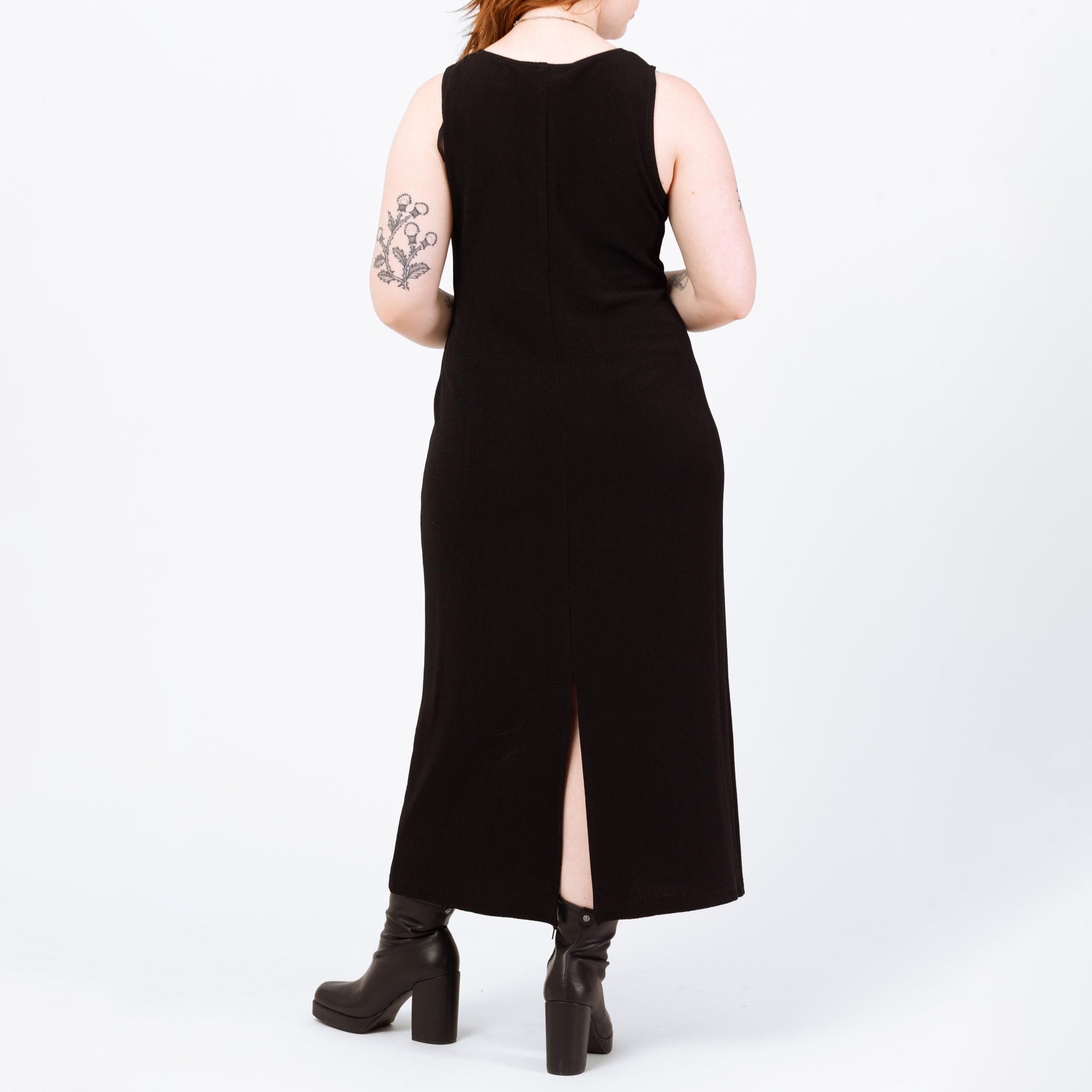 Vintage 90s Slinky Black Chain Belt Maxi Dress - Large | Minimalist Sleeveless Stretchy Sheath Dress