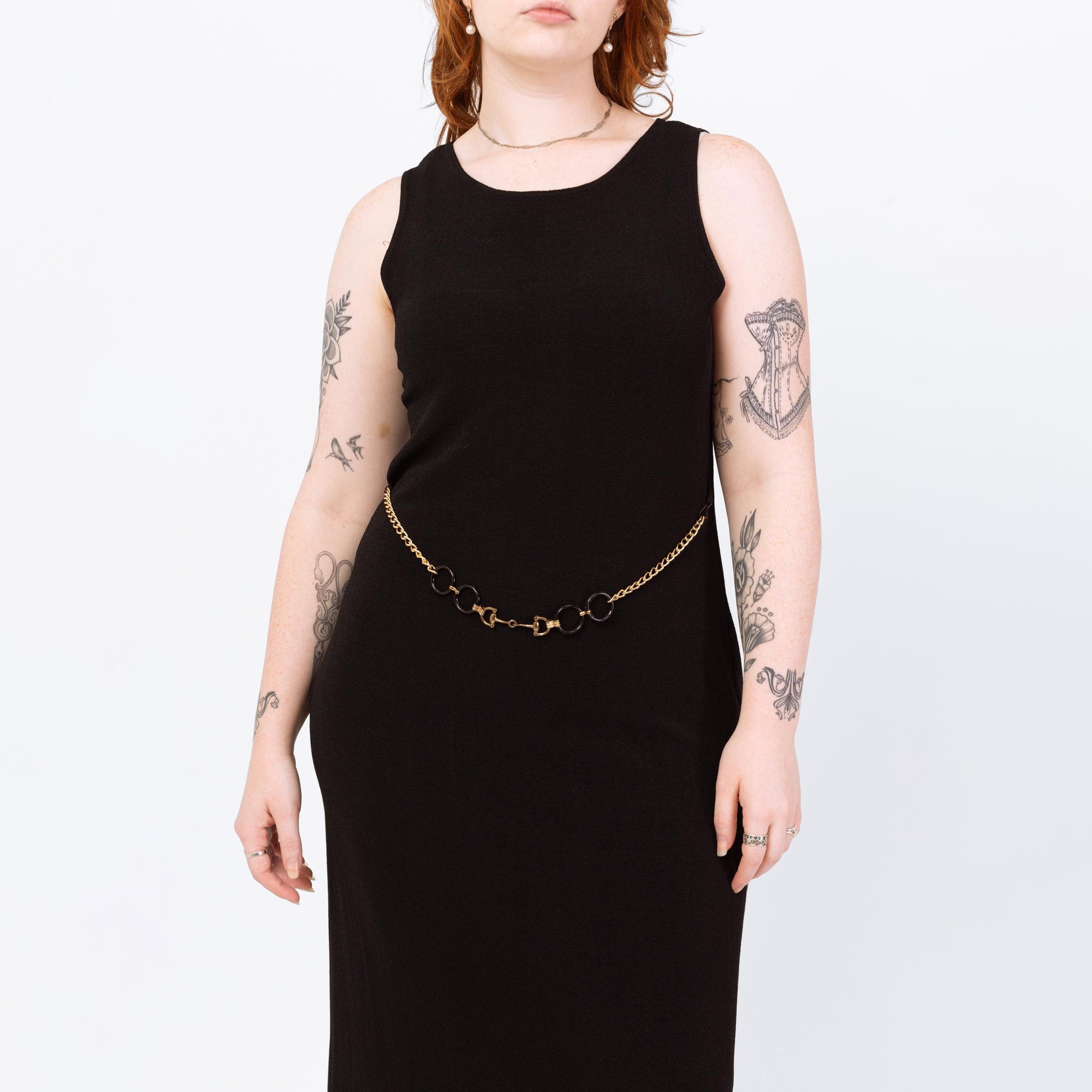 Vintage 90s Slinky Black Chain Belt Maxi Dress - Large | Minimalist Sleeveless Stretchy Sheath Dress