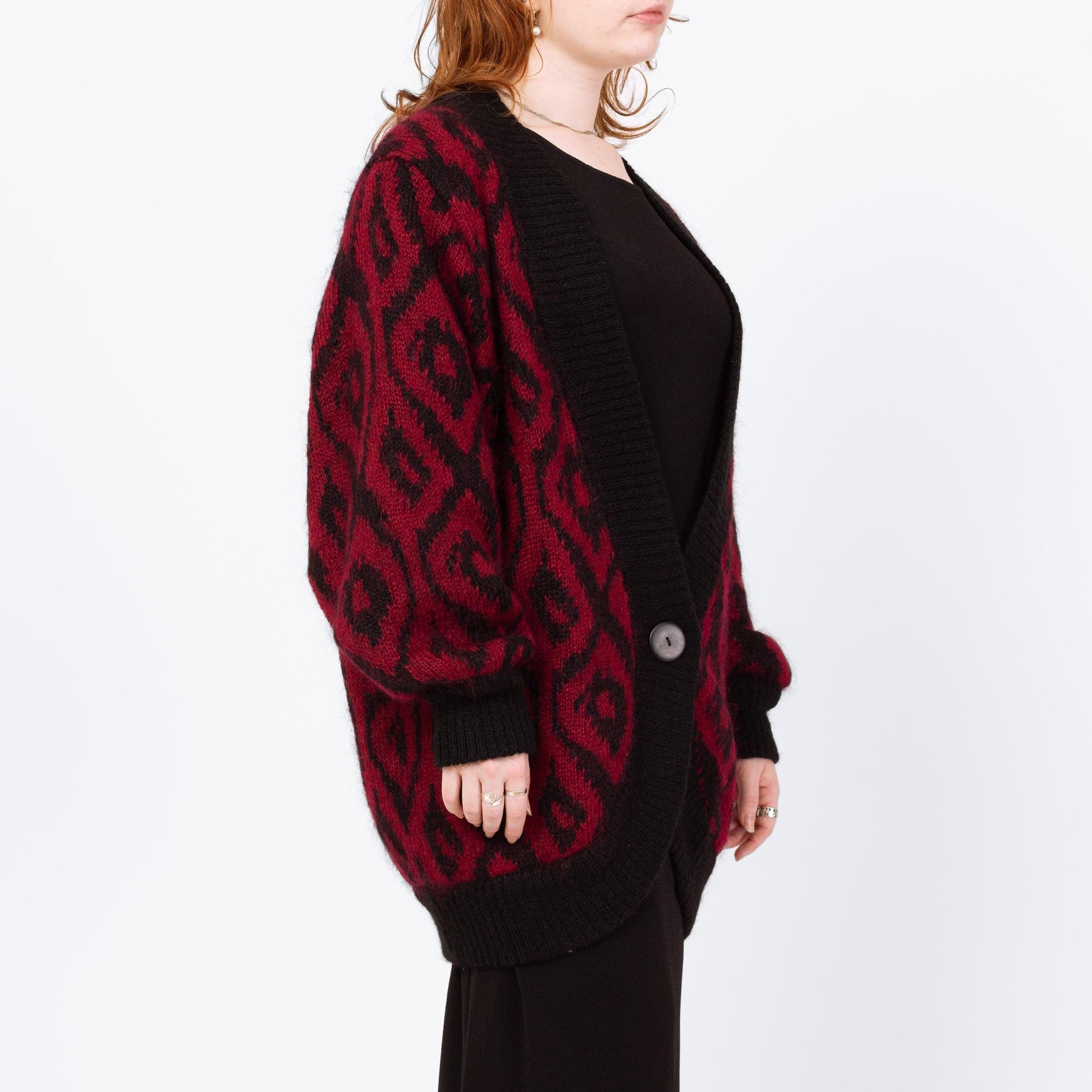 Vintage 80s Mohair Argyle Balloon Sleeve Oversize Cardigan - Large | Red Black Lined Wool Blend Knit Button Up Long Sweater Jacket