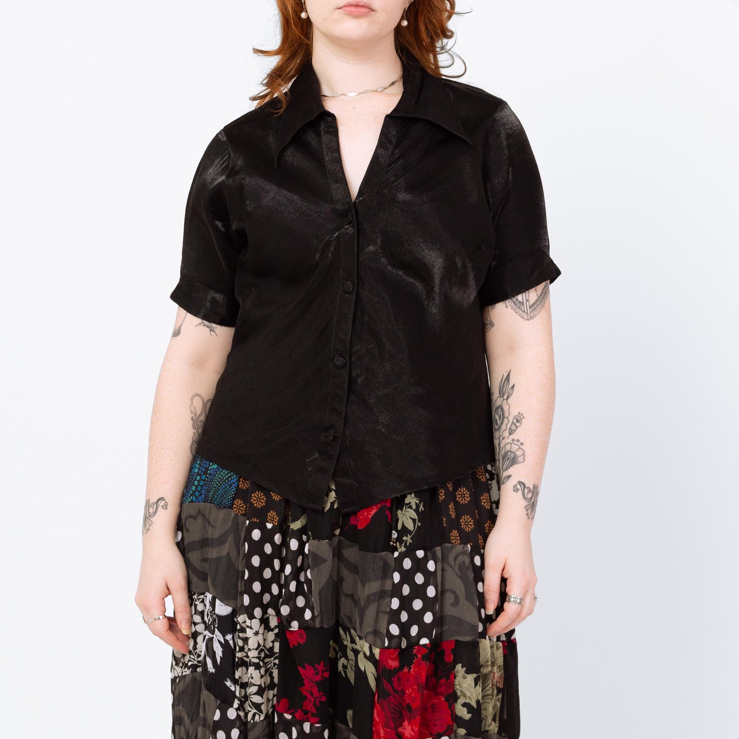 Vintage 90s Black Wet Look Button Up Shirt - Large | Gothic Short Sleeve Dagger Collar Blouse