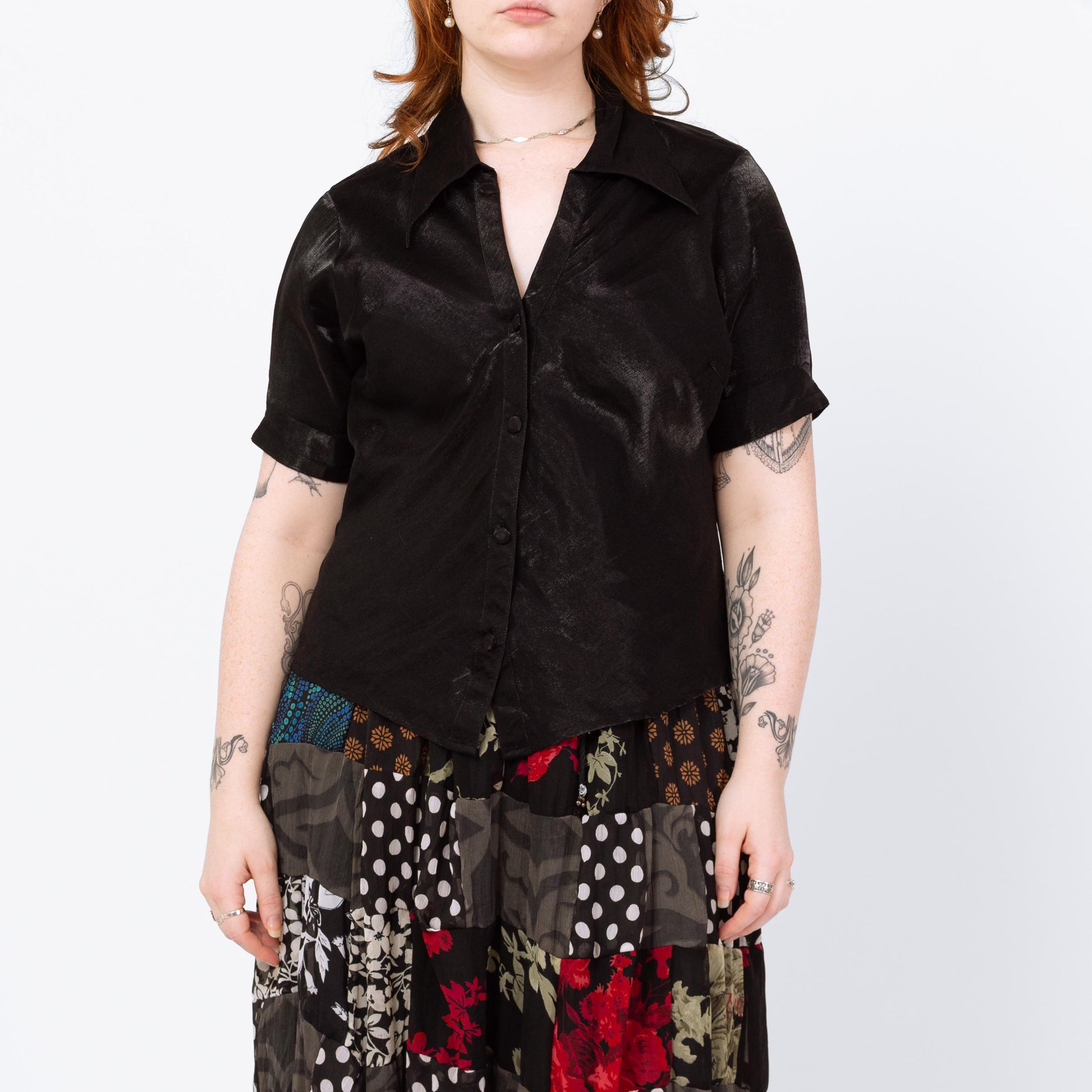 Vintage 90s Black Wet Look Button Up Shirt - Large | Gothic Short Sleeve Dagger Collar Blouse