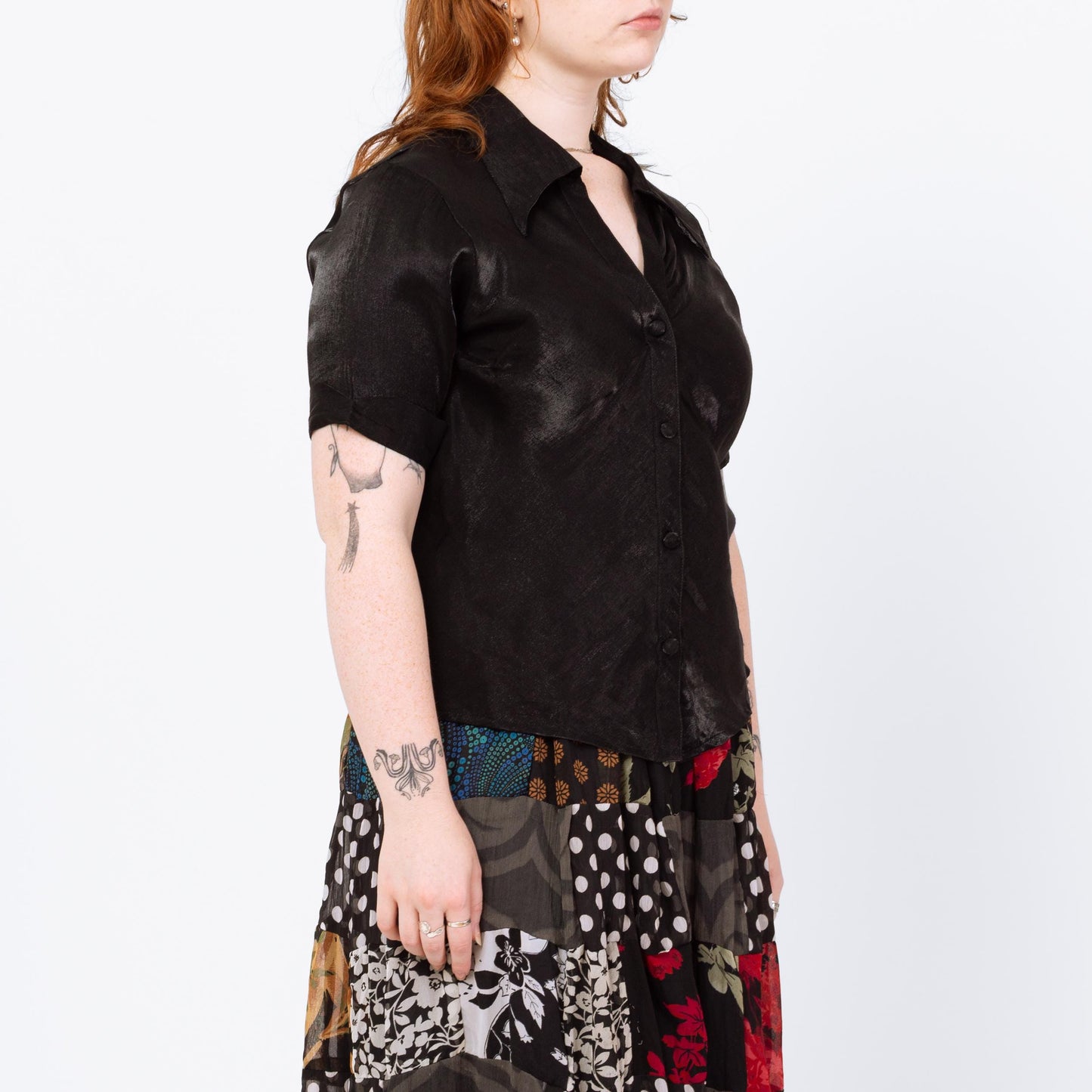 Vintage 90s Black Wet Look Button Up Shirt - Large | Gothic Short Sleeve Dagger Collar Blouse